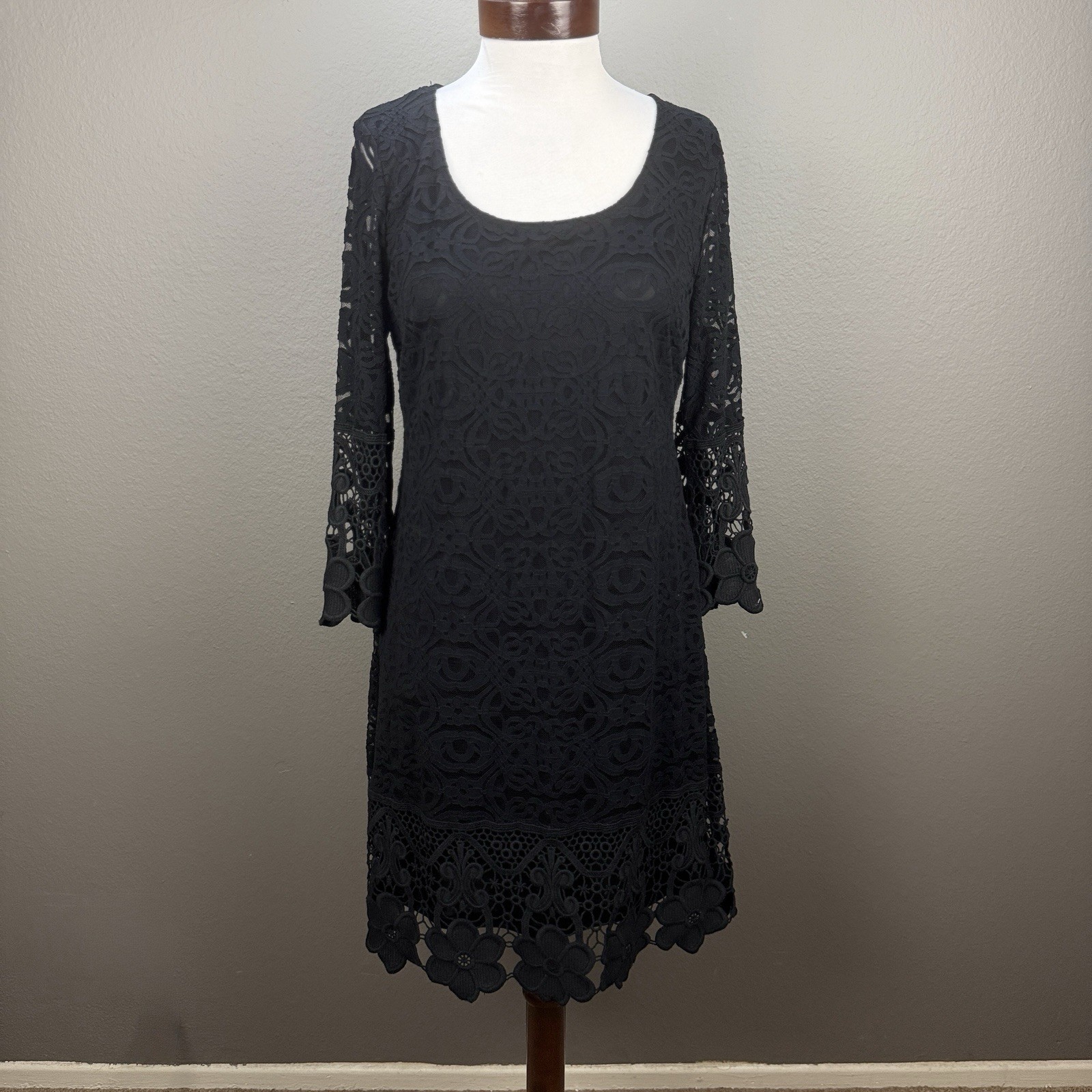 Alfani Black Lace Trim A Line Dress Scoop Neckline Sheer Sleeves Sz S
