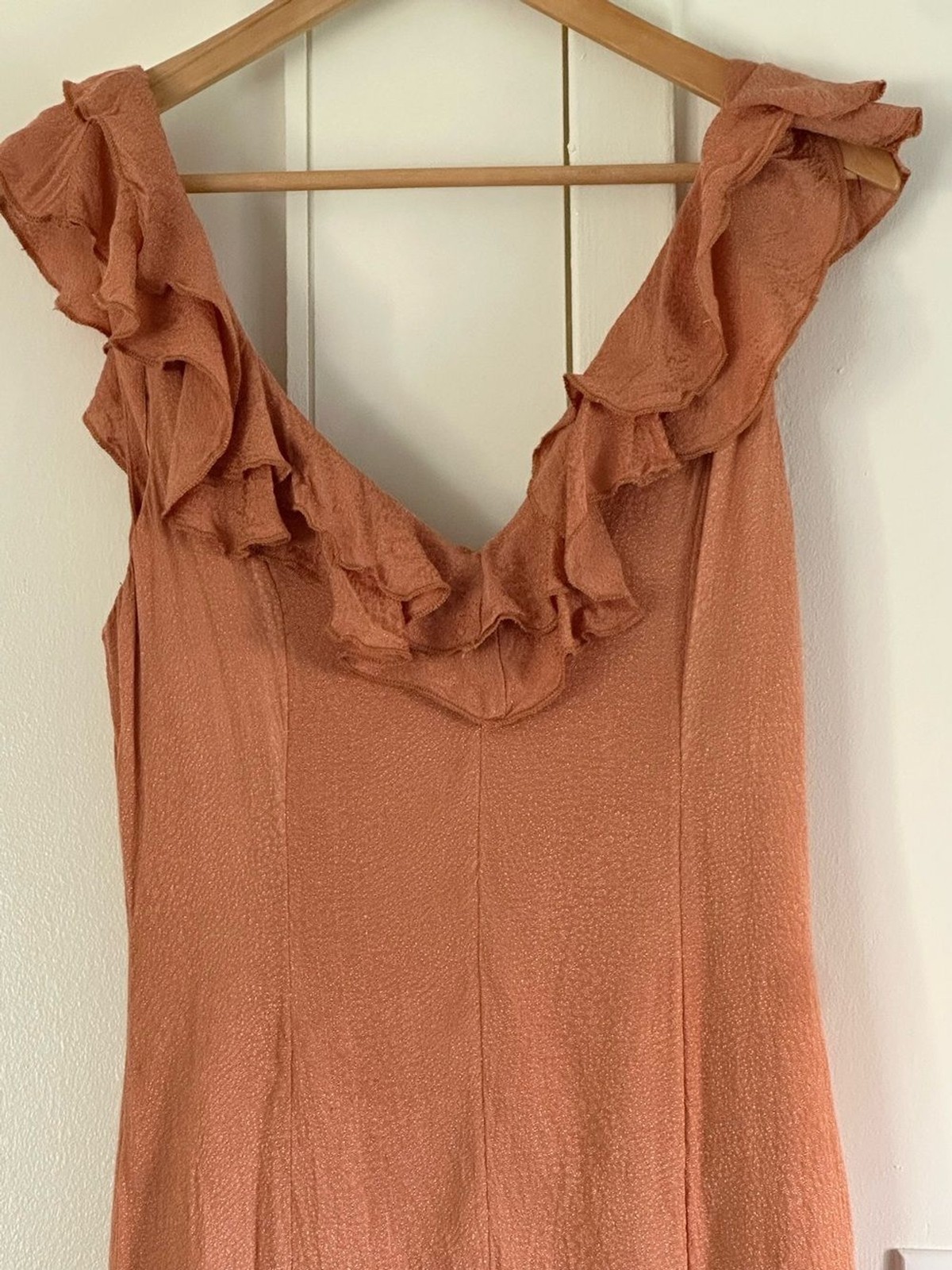 Romantic Cottagecore Ruffle Lovers + Friends Midi Dress Shimmer Jacquard Clay S