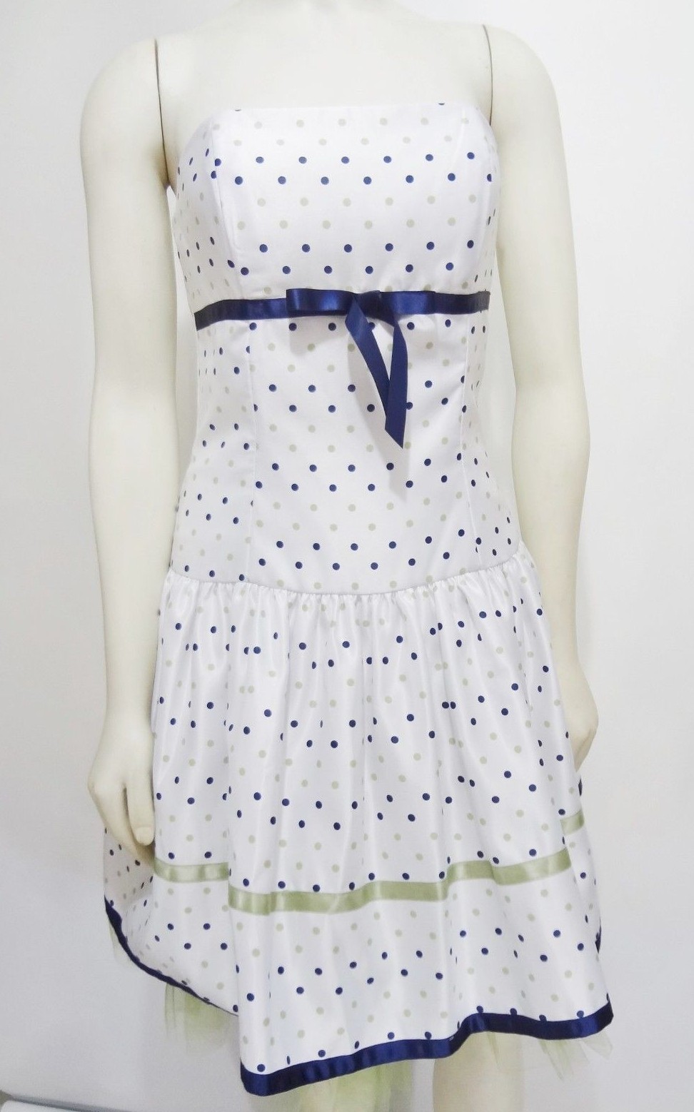Jessica McClintock Gunne Sax 5 White Blue Green Dots Prom Party Dress Crinoline