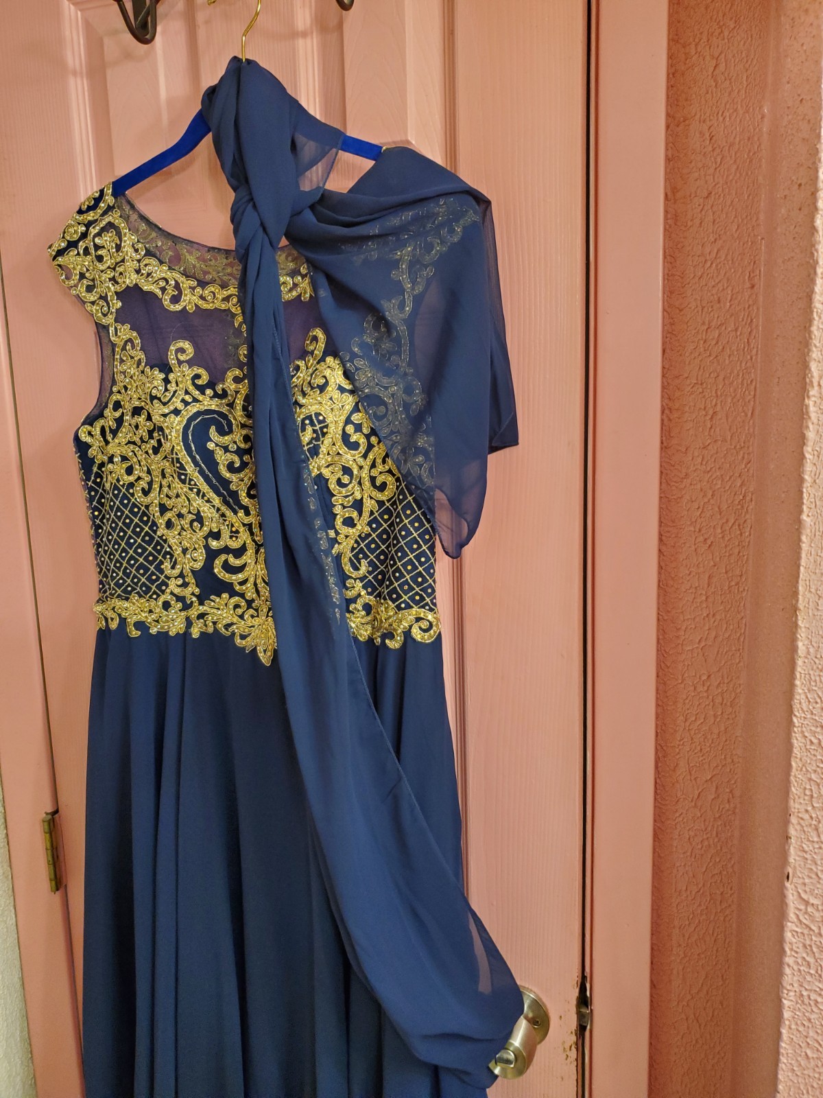 Dancing Queen Navy Blue/Gold Embroidered Formal Dress 2XL Illusion Neck Chiffon