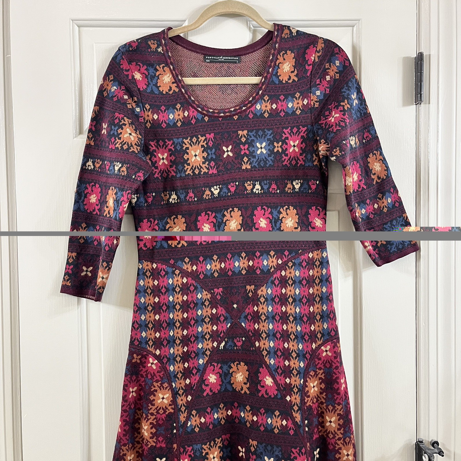 Peruvian Connection Maxi Knit Dress Wom S Wine Pink Geo Pima Cotton 3/4 sleeve