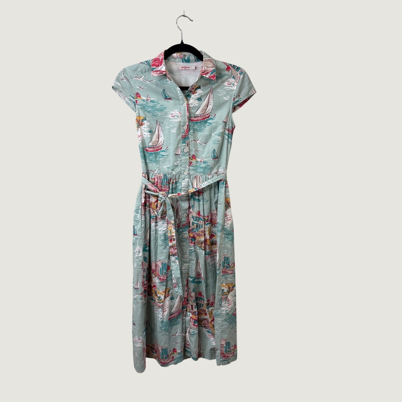 Cath Kidston London Nautical Seaside Sailboat Cotton Shirt Dress Blue Womens 6