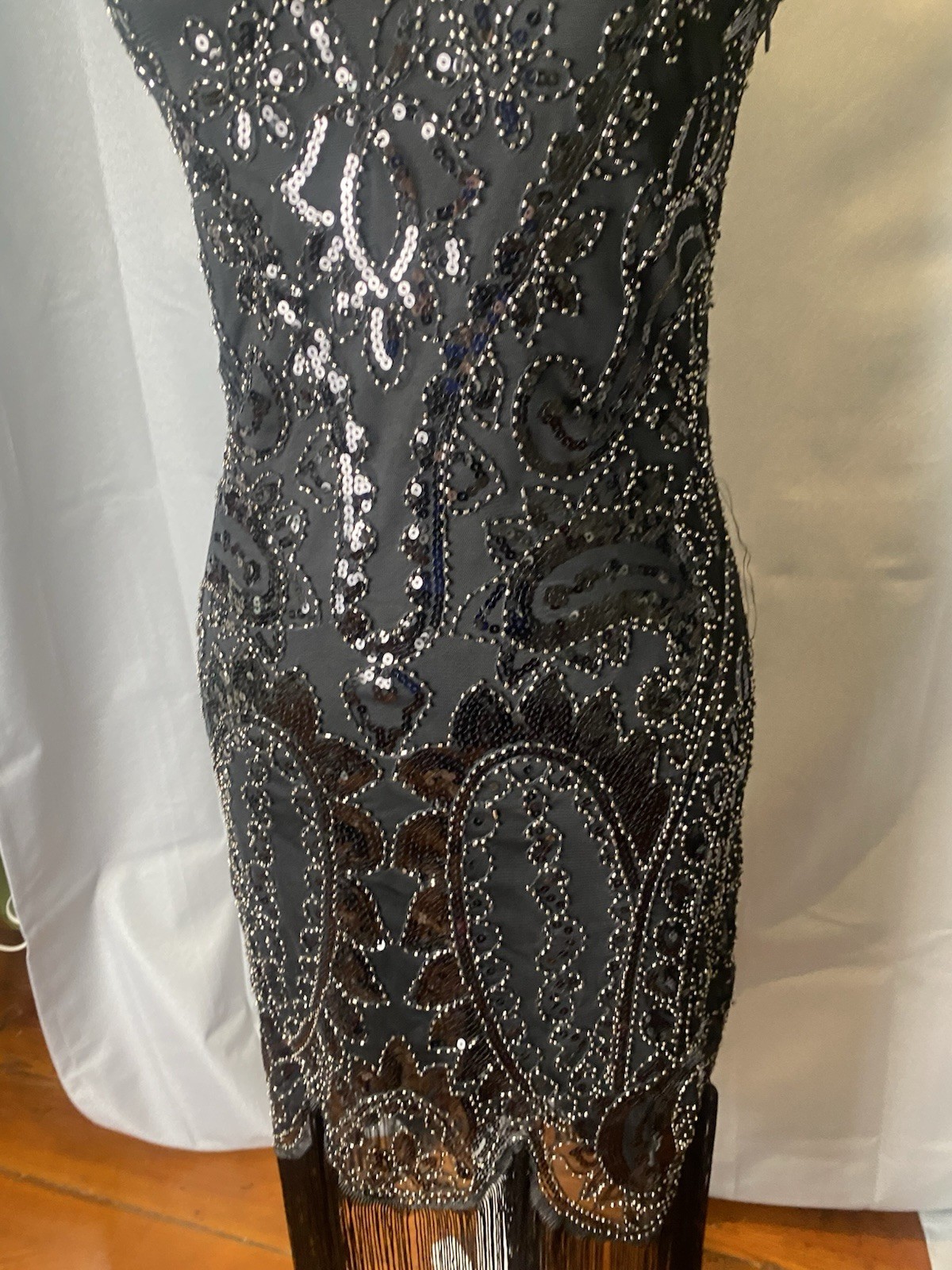 Fundaisy Gatsby Flapper Fringe Black Beaded Sequin Midi Dress, Size S, Glam