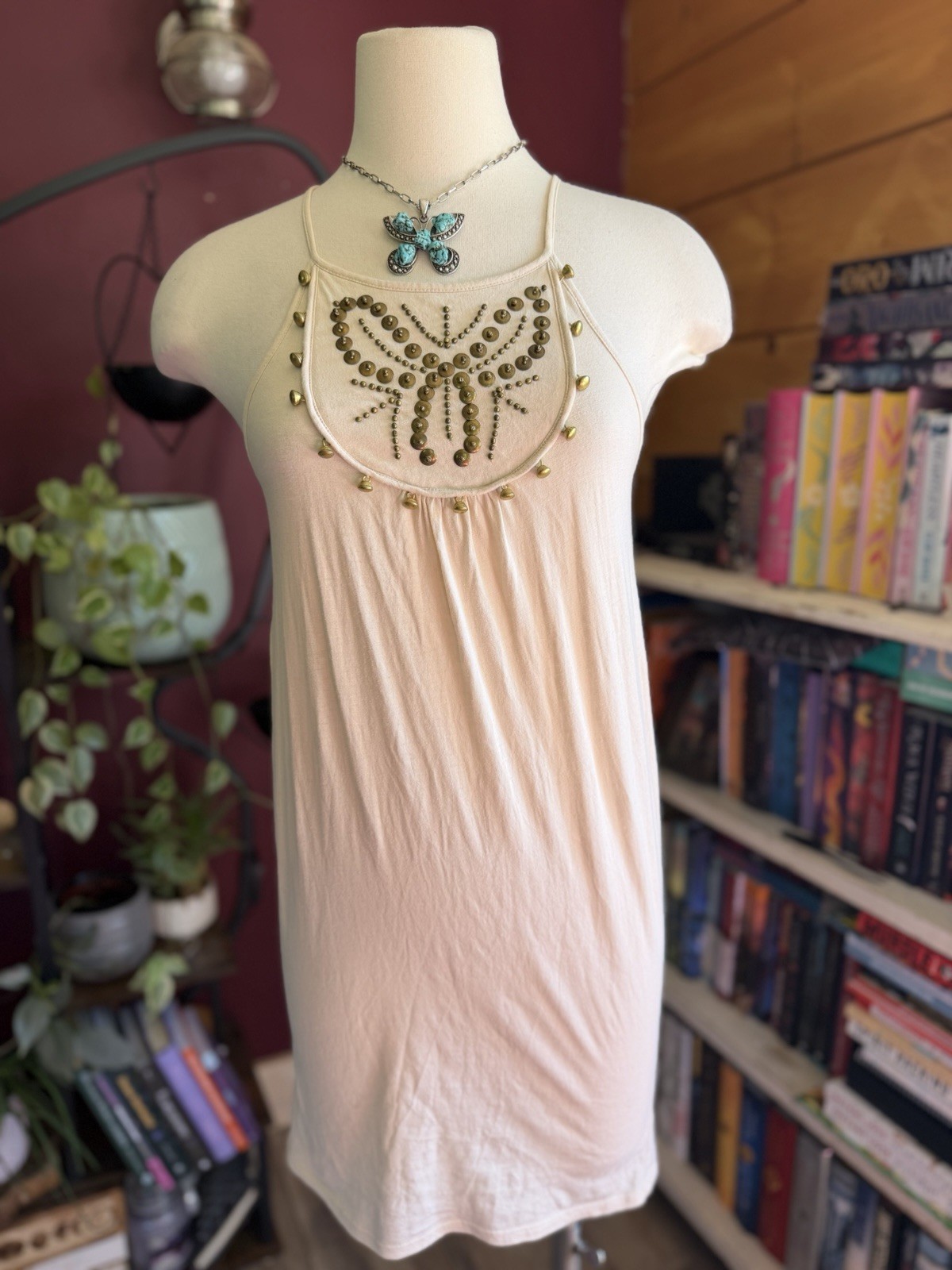 Y2K Plenty by Tracy Reese Butterfly Dress Med Beige Tan Studded Boho Fairycore
