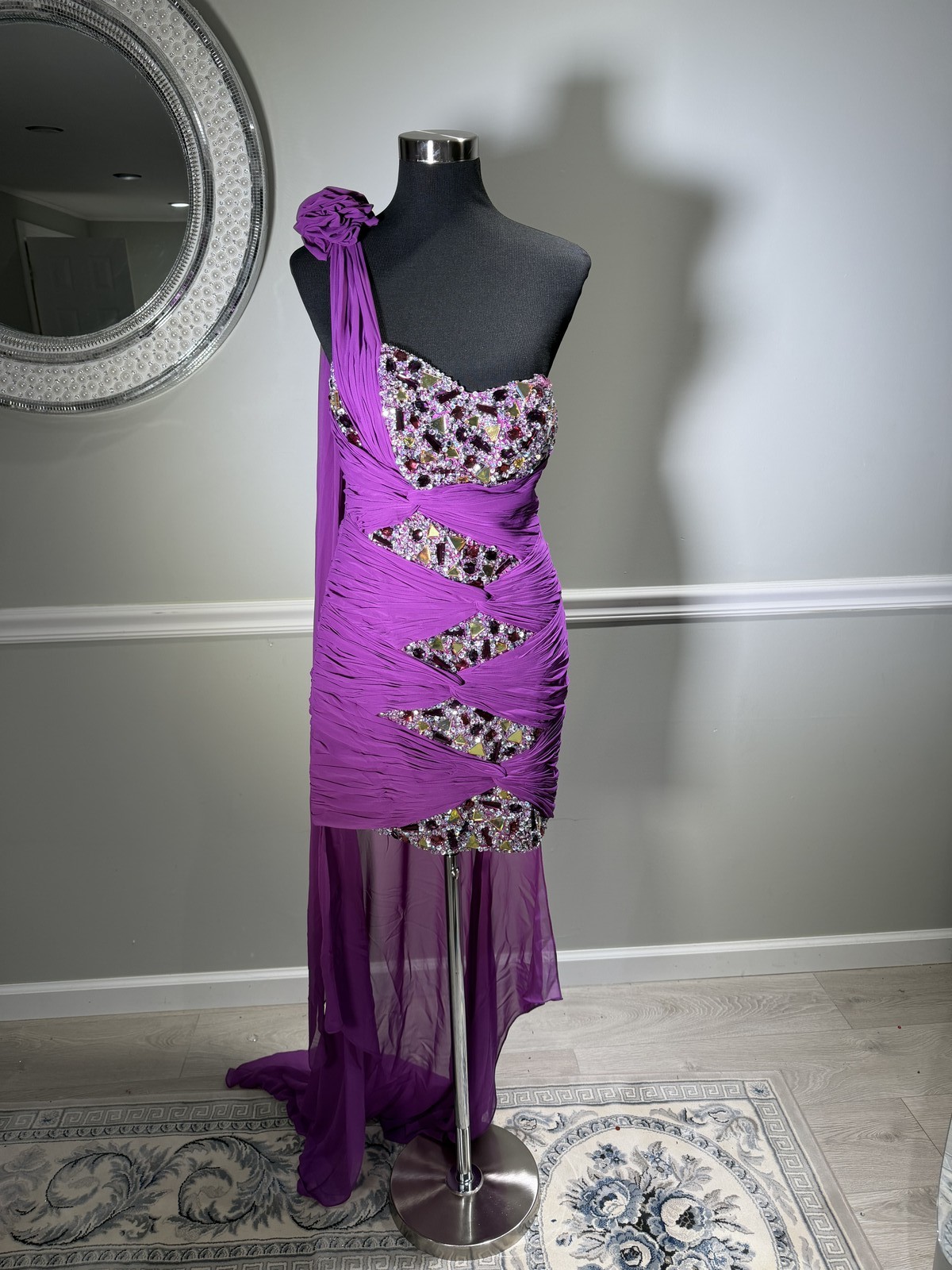 Colors Dress Purple Crystal Beaded Ruched Formal Prom Gown Size 10