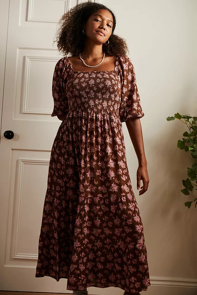 UO Lottie Chocolate Floral Tie-Back Midi Dress Printed Smocked Puff Sleeve New L
