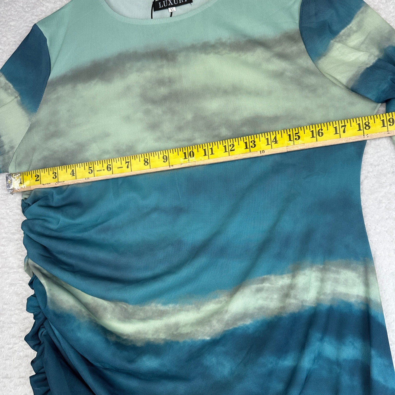 Luxury Tie Dye Maxi Dress Blue Green Ruched Long Sleeve Women’s size XL