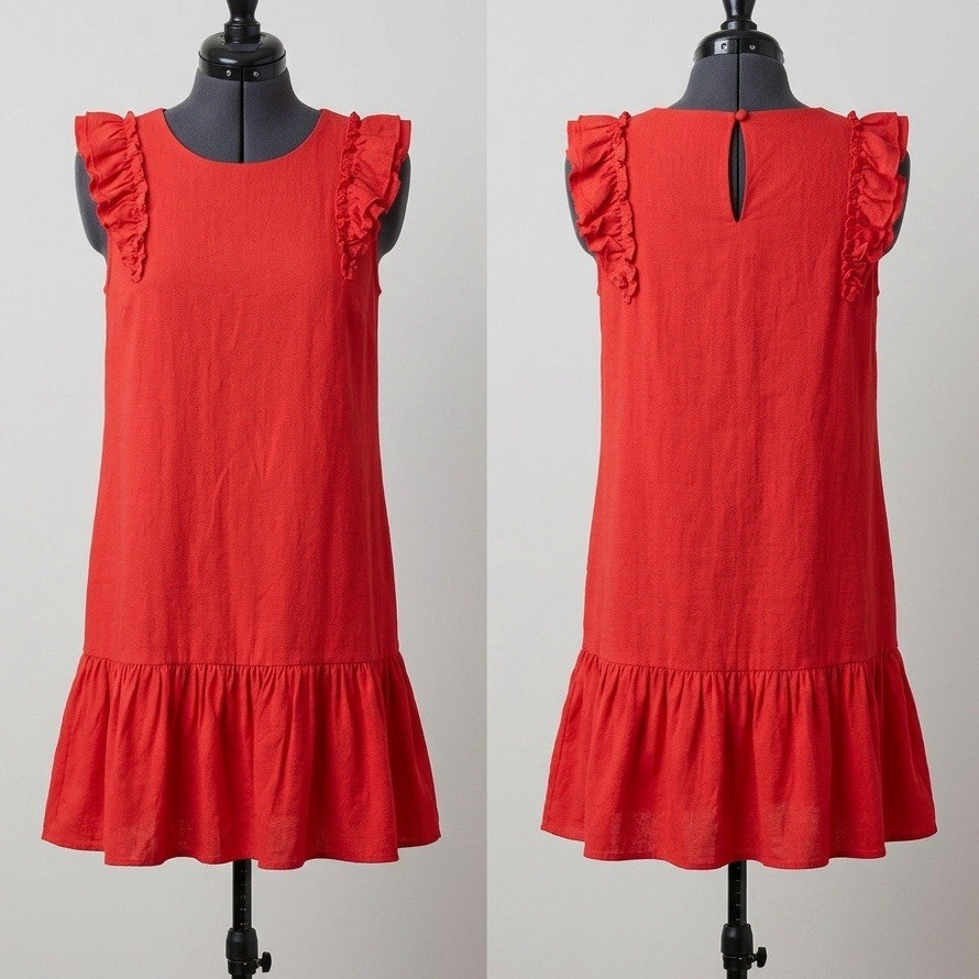 CeCe Red Solid Crew Neck Keyhole Ruffle Shift Knee Length Dress Women’s 4