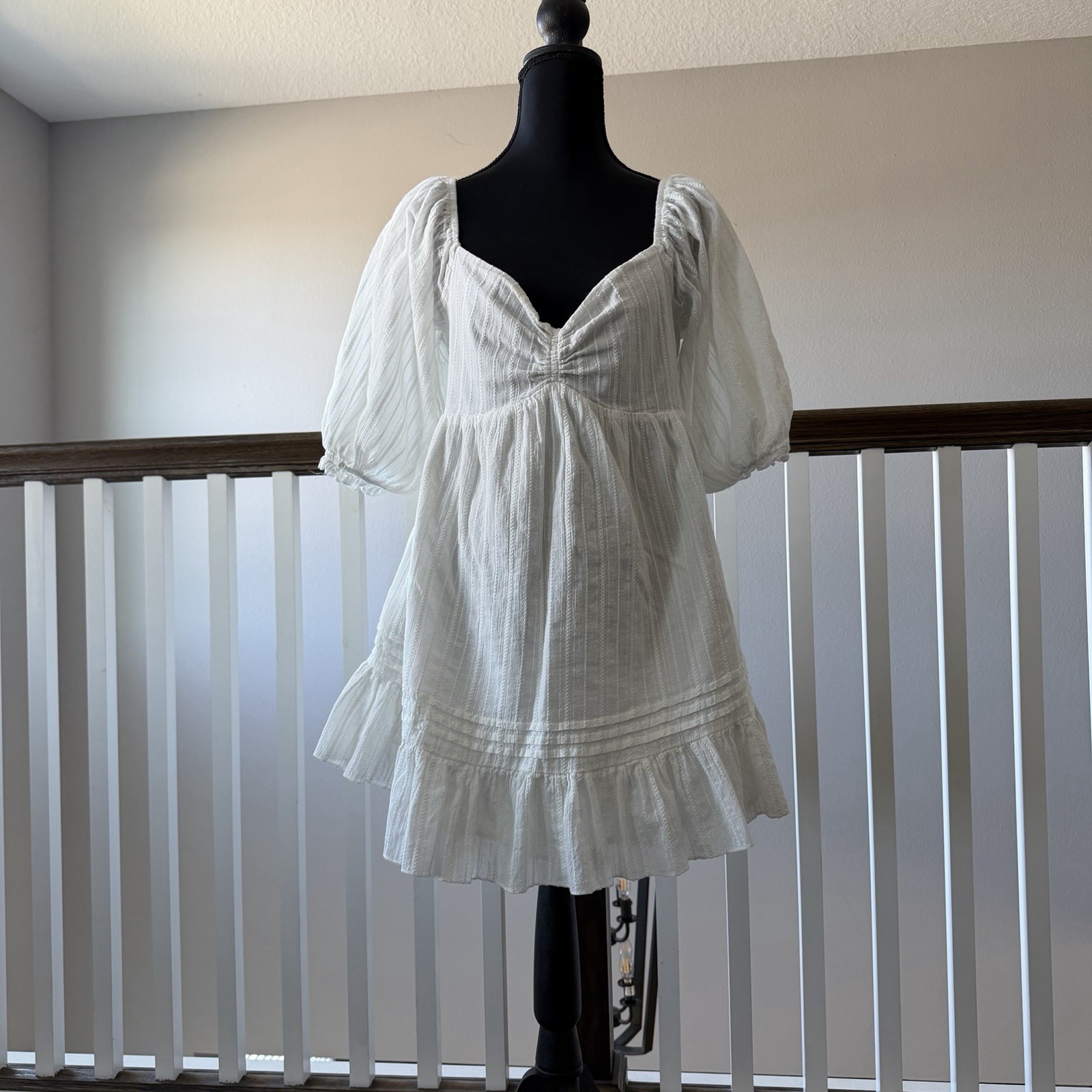MABLE White Cotton Puff Sleeve Ruffle Babydoll Mini Dress Sz L Coquette Cottage