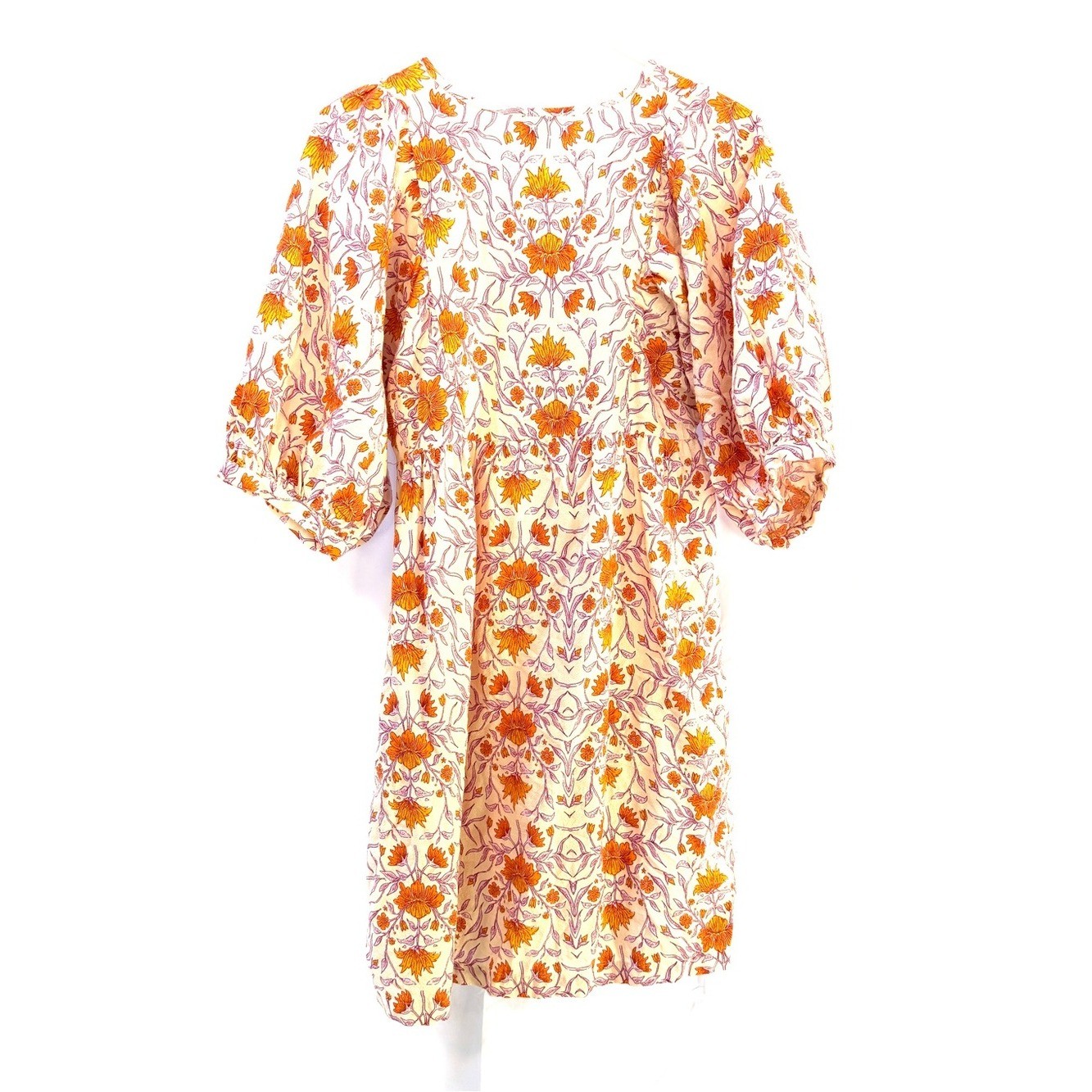 Floral Cotton Indian Block Print Fabric Mini Dress in Peach, Size XS-M