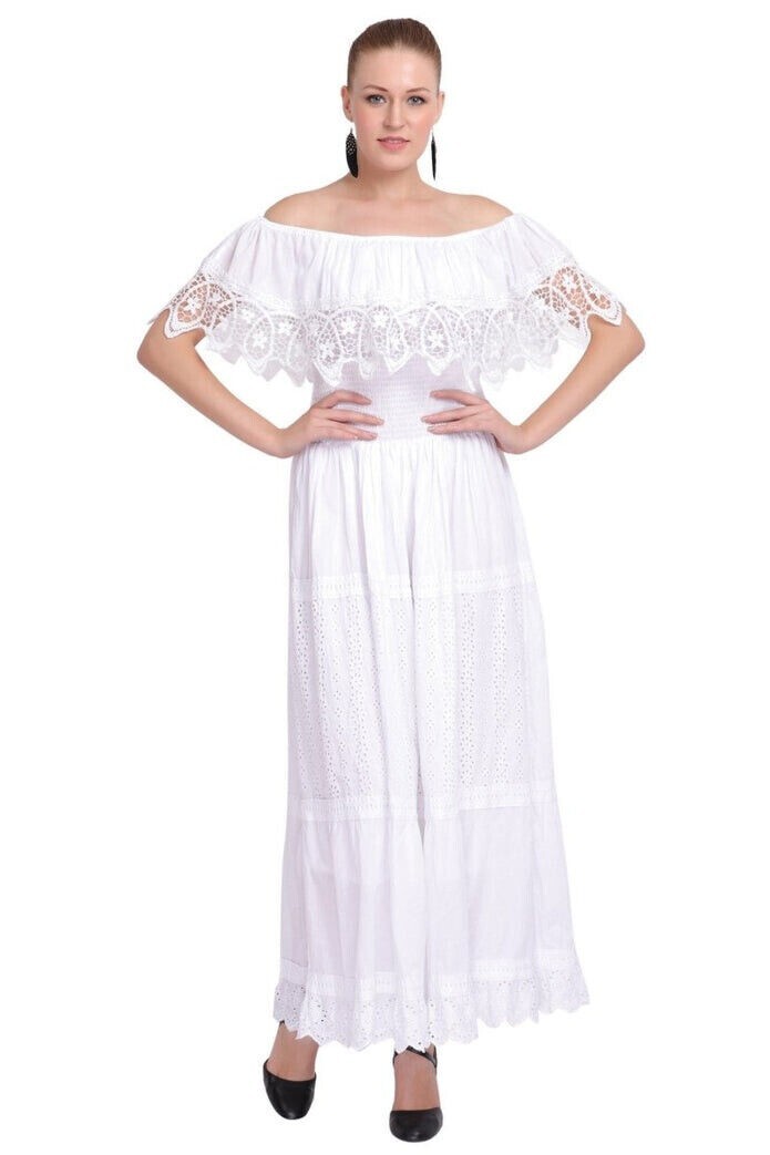 Women’s Boho Lace Summer Floral Embroidery Off Shoulder Beach Long Maxi Dress