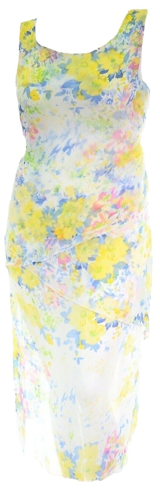 Ladies Dress Yellow Blue Floral Print 3 Tier Triple Layer Chiffon Georgette