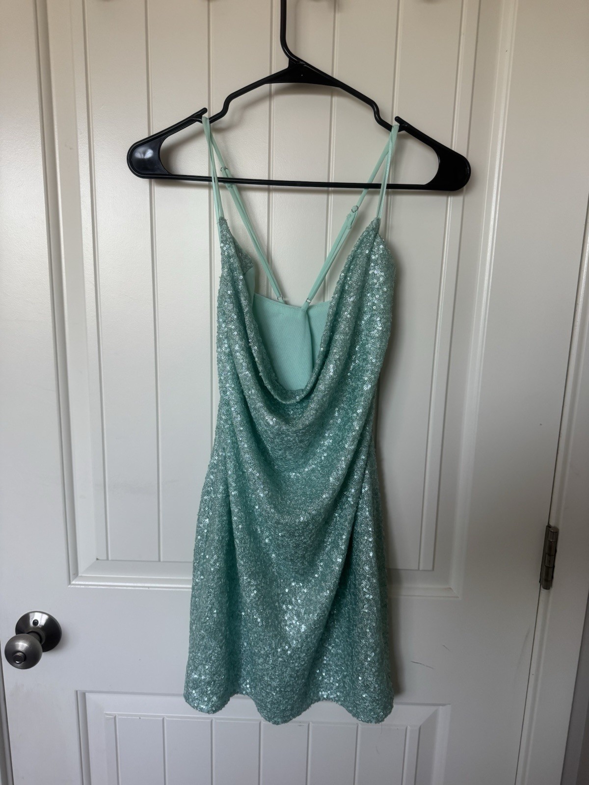 Susana Monaco Sequin Cowl Neck Mini Dress Light Blue S Lined Adjustable Straps