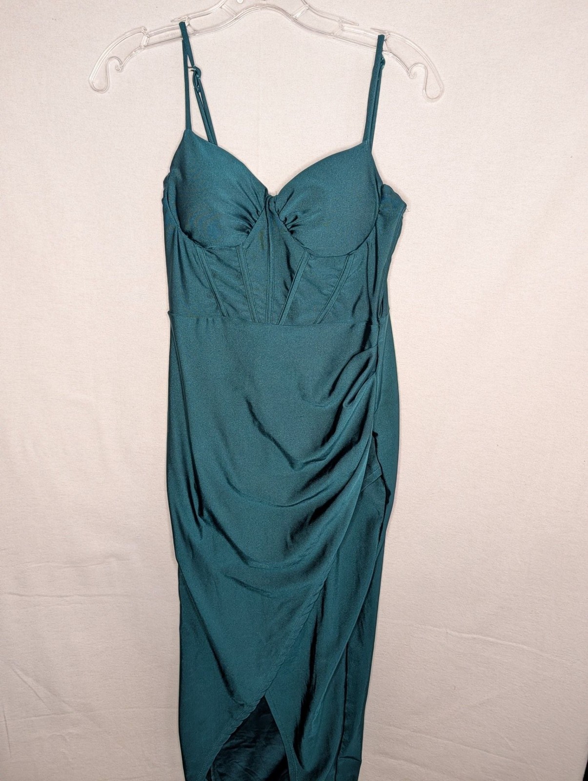 E.L.H. Studio Emerald Green Corset-Style Midi Dress with Ruched Skirt