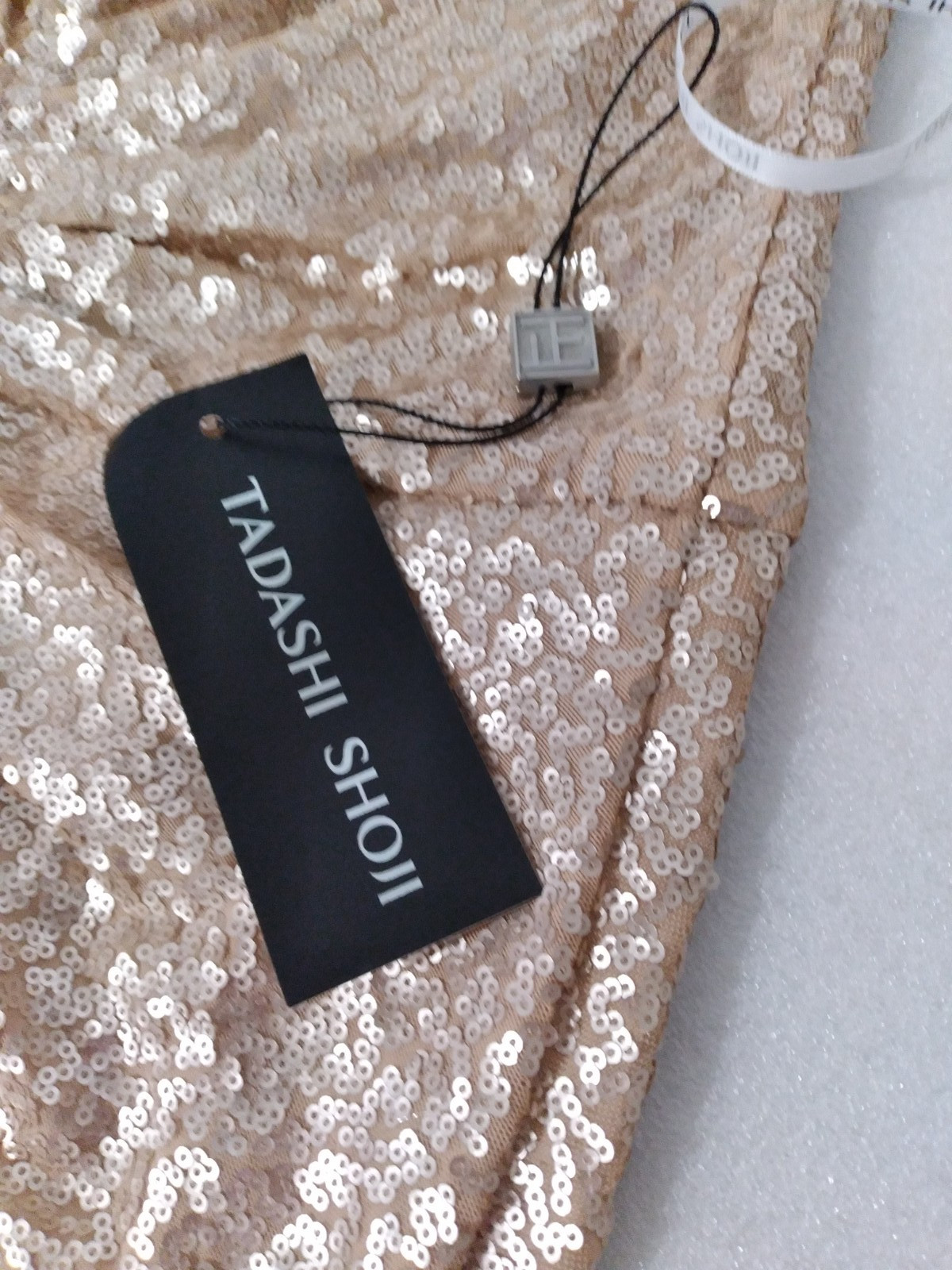 NWT Tadashi Shoji Champagne Lace Sequin Sleeveless Ruched Long Gown Dress MEDIUM