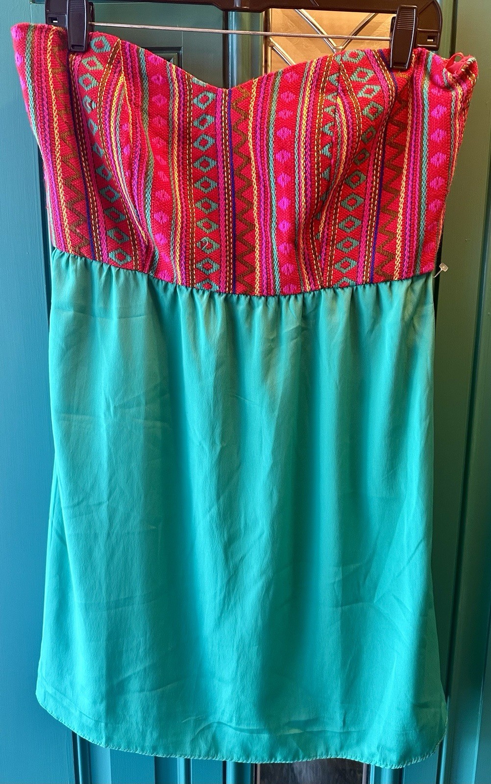 Judith March Strapless Embroidered Dress Southwestern Pink Turquoise Teal Mini L