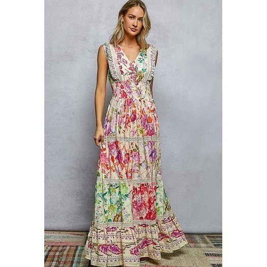 POL Floral Patchwork Maxi Dress Medium Boho Smocked Lace Trim Sleeveless NWOT