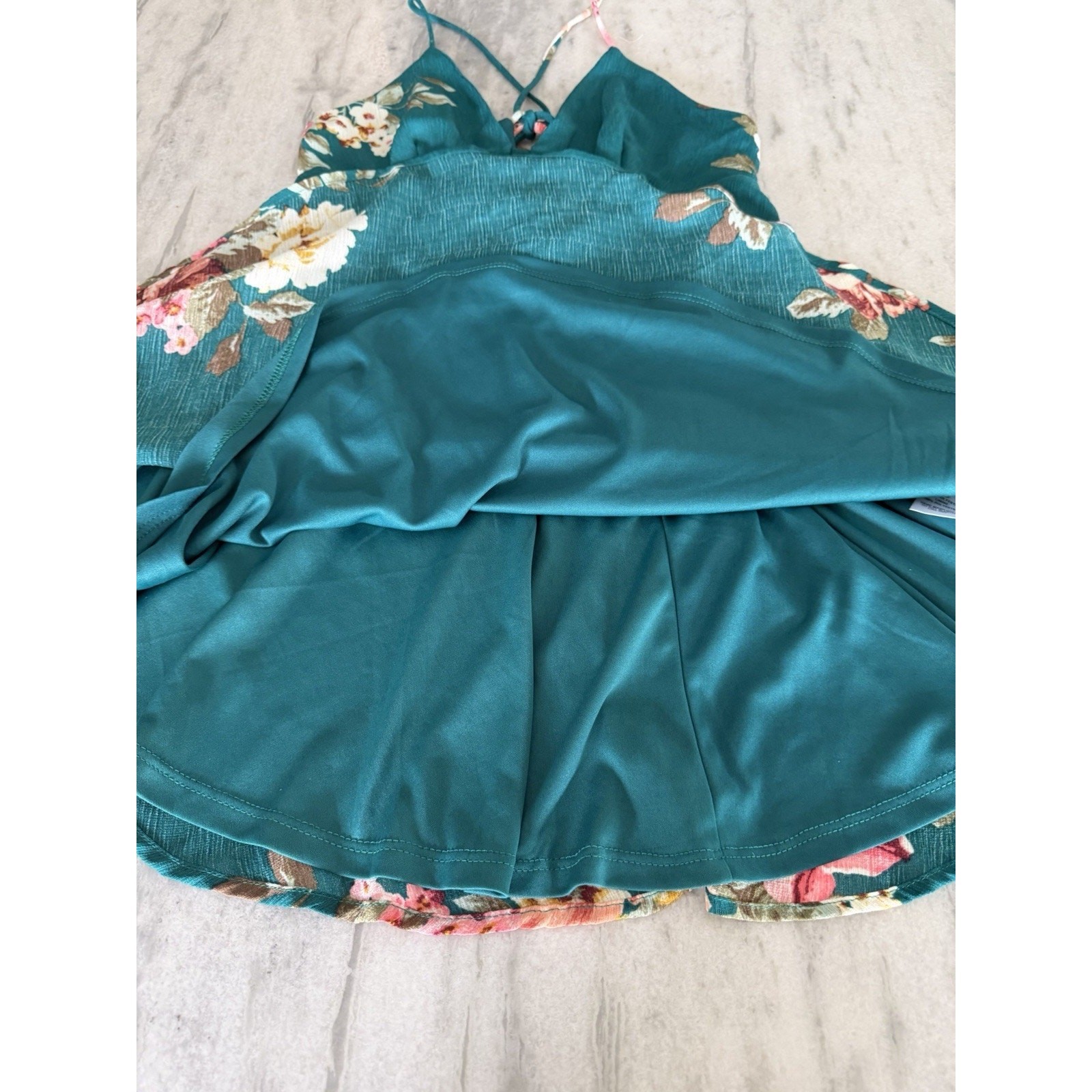 Lulus Lily Pond Teal Green Floral Print Swing Dress Woman Size Small Mini Summer