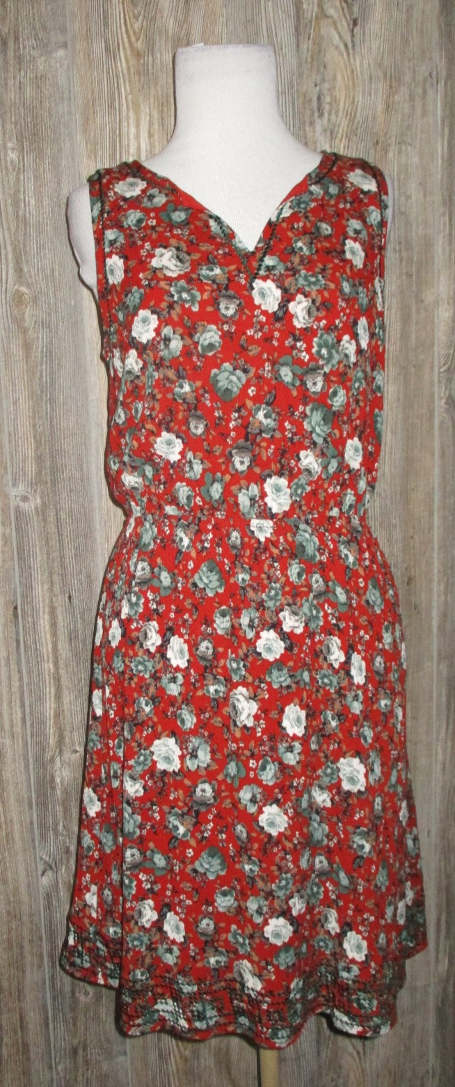 Market & Spruce Floral Gauze Red Embroidered Trim V-Neck Sleeveless Dress Size M