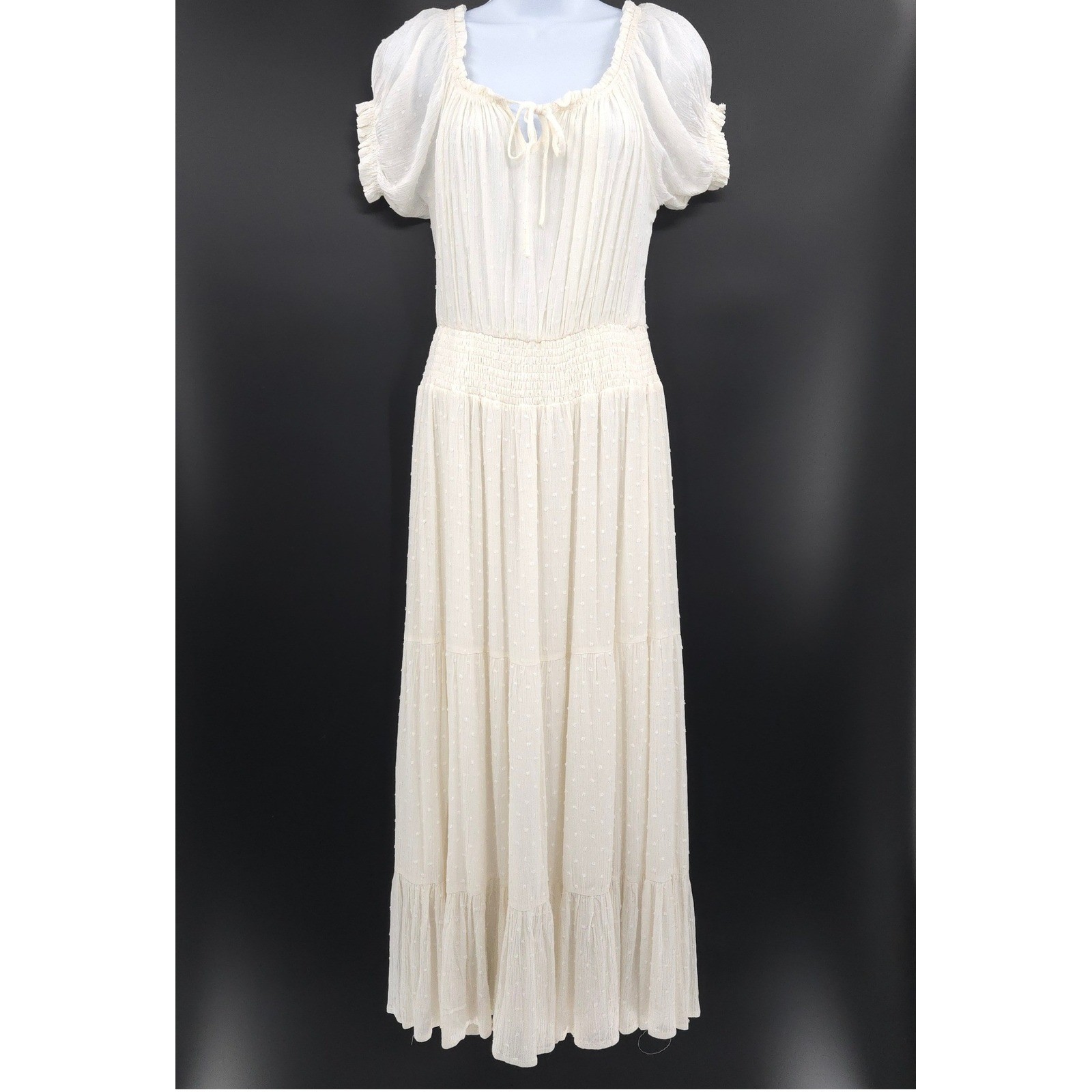 Pomesa Swiss Dot Maxi Dress Womens Medium Cream Boho Smocked Tiered Peasant