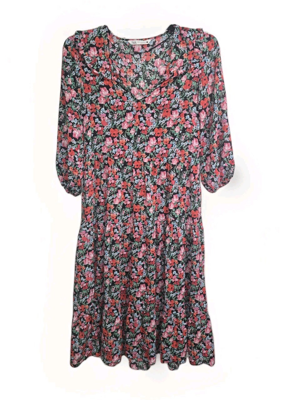 ZARA Floral Midi Dress XS Black Red Pink Green Tiered Ruffle Boho Cottagecore
