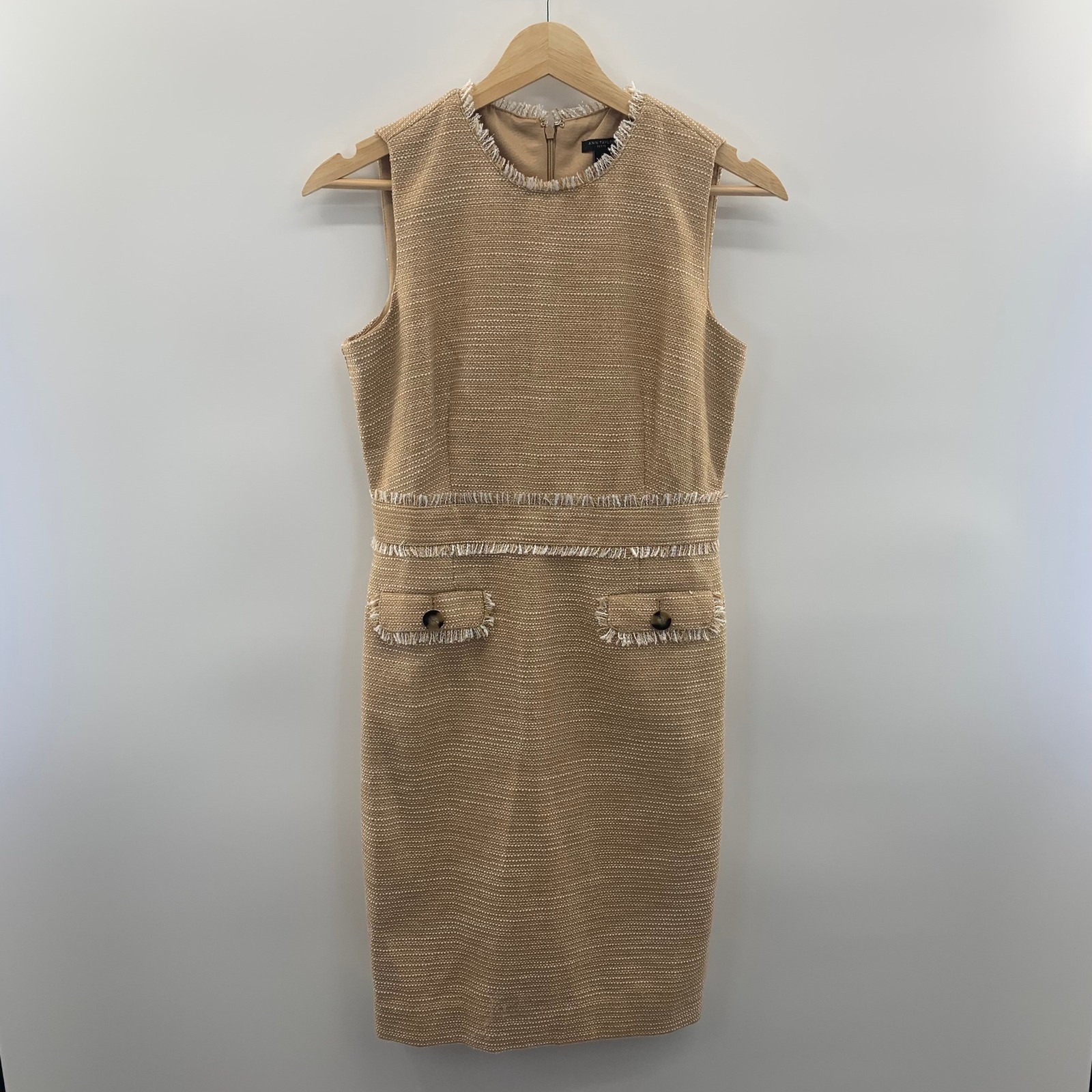Ann Taylor Tweed Sheath Dress Womens 0P Tan Excellent Fringe Trim Sleeveless