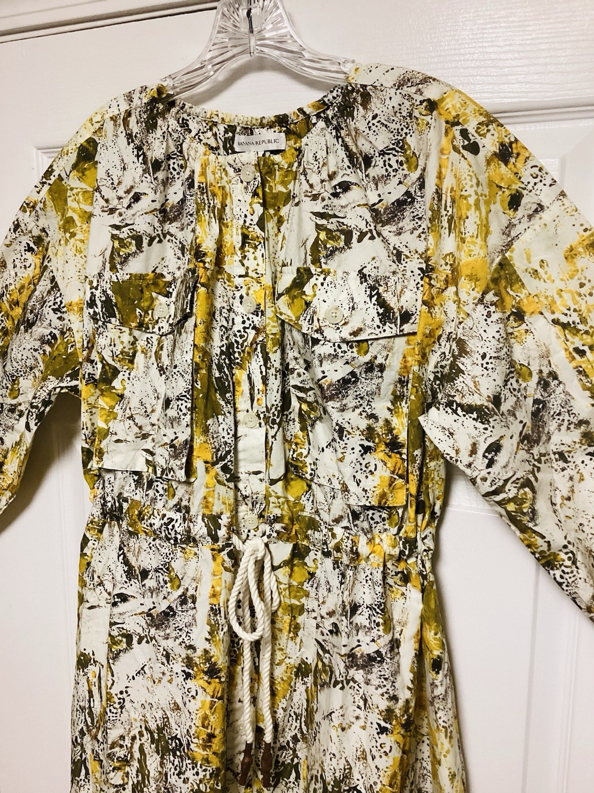NWT $180 Banana Republic Yellow Camo Splatter Pocket Midi Shirt Dress Sz Small