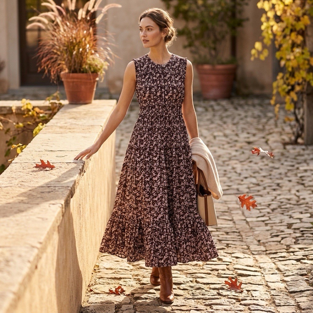 NWT Caroline Constas Floral Smocked Maxi Dress M Brown Pink Costal Prairie Fall