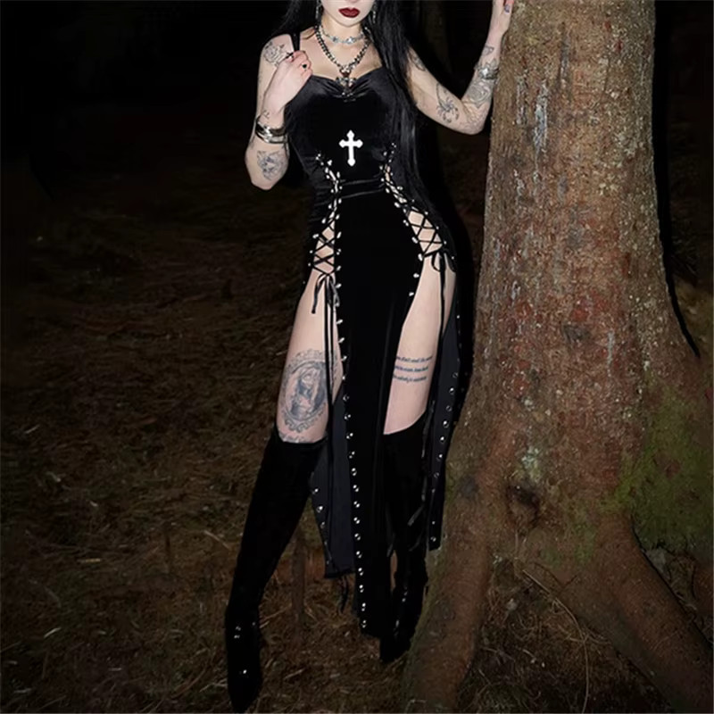 Goth Dark Punk Velvet Dress High Split Hem 90s Grunge Mall Gothic Sexy Strap Gow