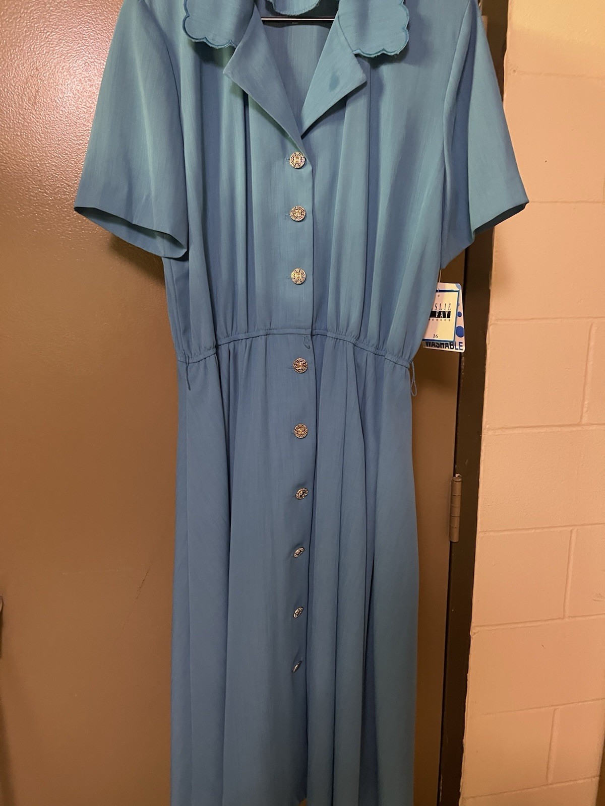 Leslie Fay Blue Solid Shirt Dress Collared Button-Front Short Sleeve Size 16