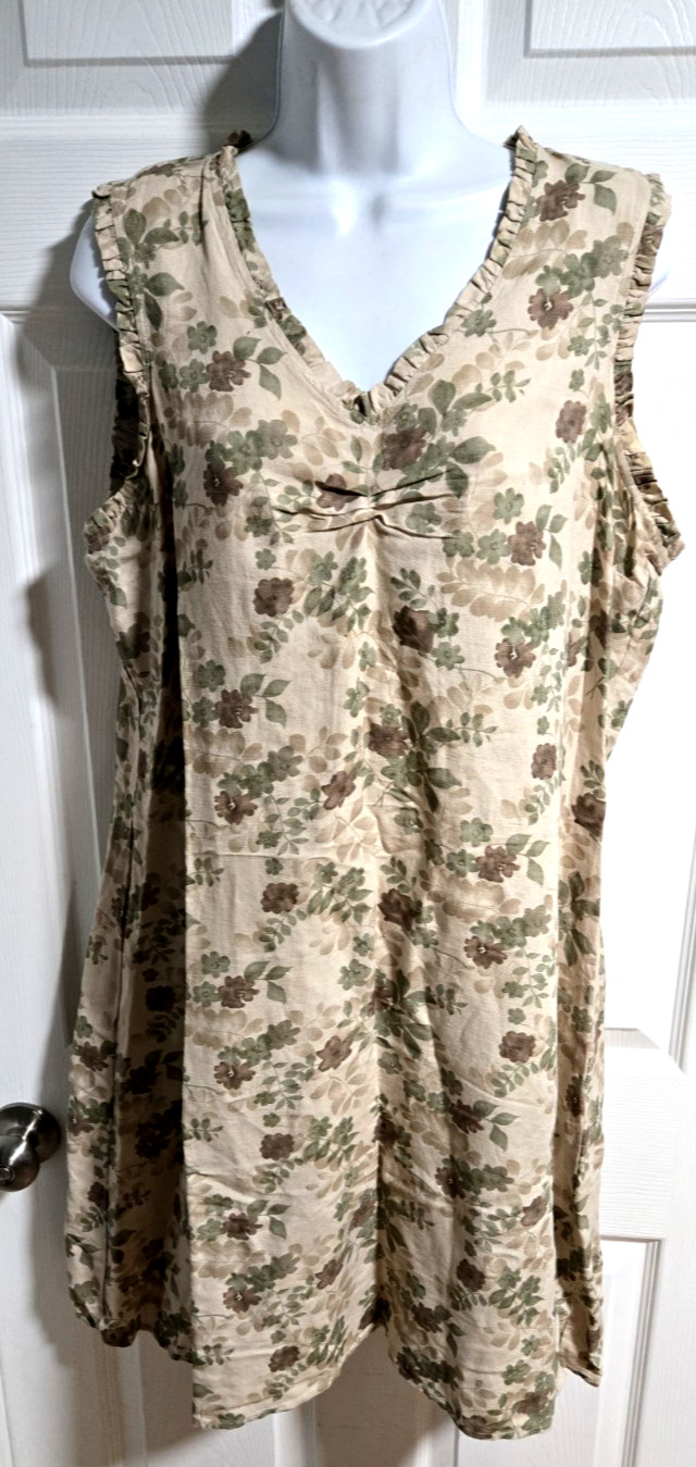 Kathy Ireland Beige/Green Sleeveless Floral Linen Blend Dress;Ruffle V-Neck;Sz L