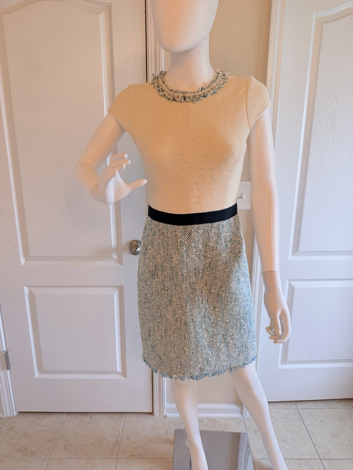 Rebecca Taylor Cream & Light Blue Tweed Midi Dress with Black Waistband Size 4