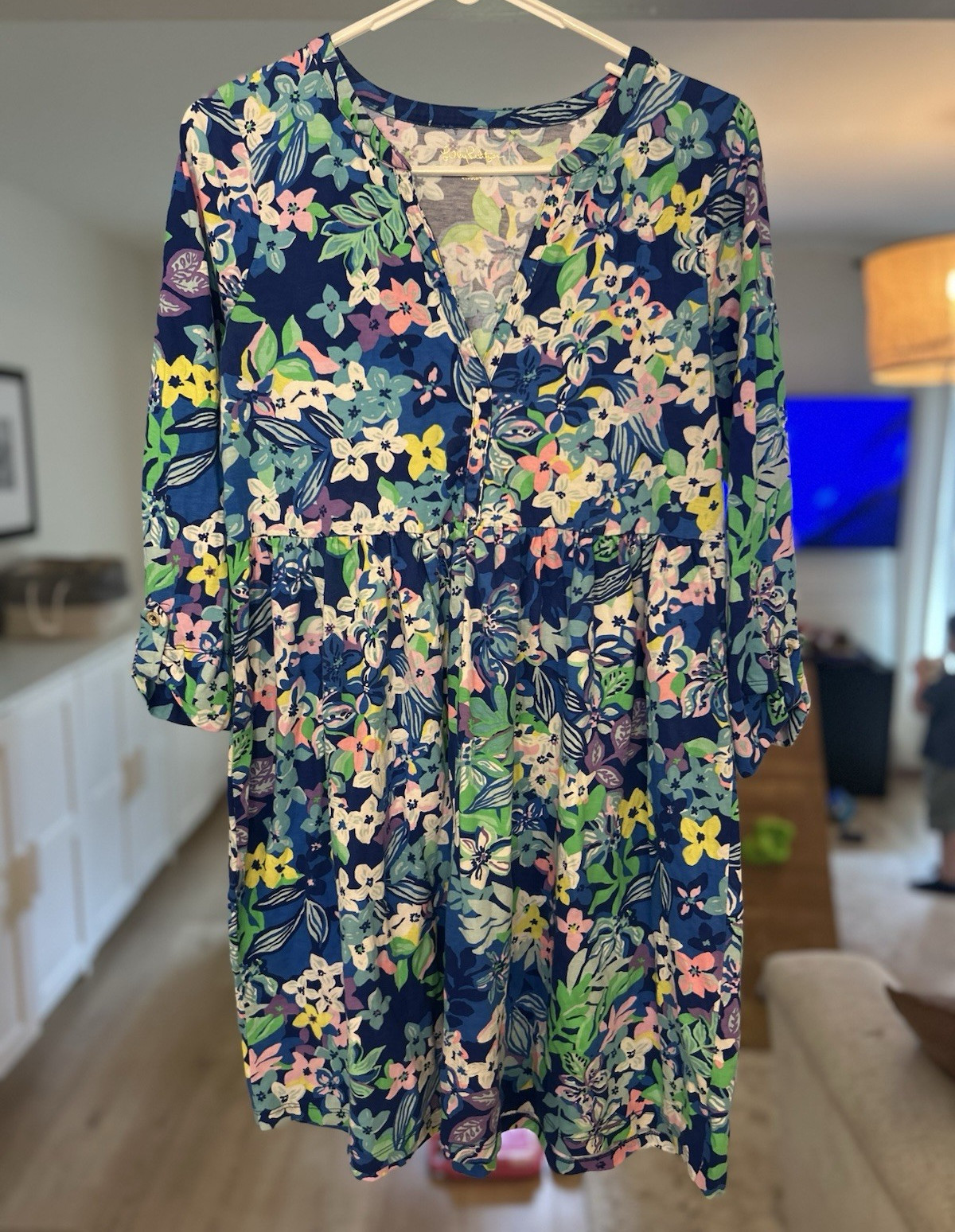 Lilly Pulitzer Elsa Carter Blue Floral A-Line 3/4 Sleeve V-Neck Knit Dress M