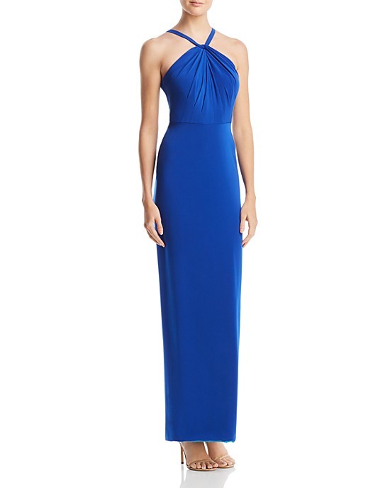 $430 Decode 1.8 Womens Blue Halter Ruffle Column Ruched Twist Gown Dress Size 4