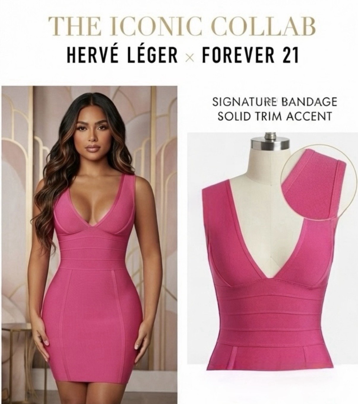 Herve Leger x Forever 21 Pink Bandage Knit Bodycon Mini Dress, V-Neck, M