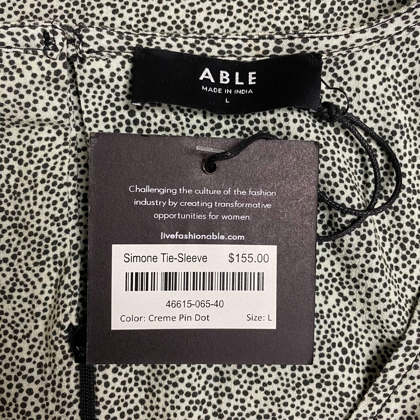 Able Creme Pin Dot Viscose Simone Tie-Sleeve V-Neck Midi Shift Dress L $155 New