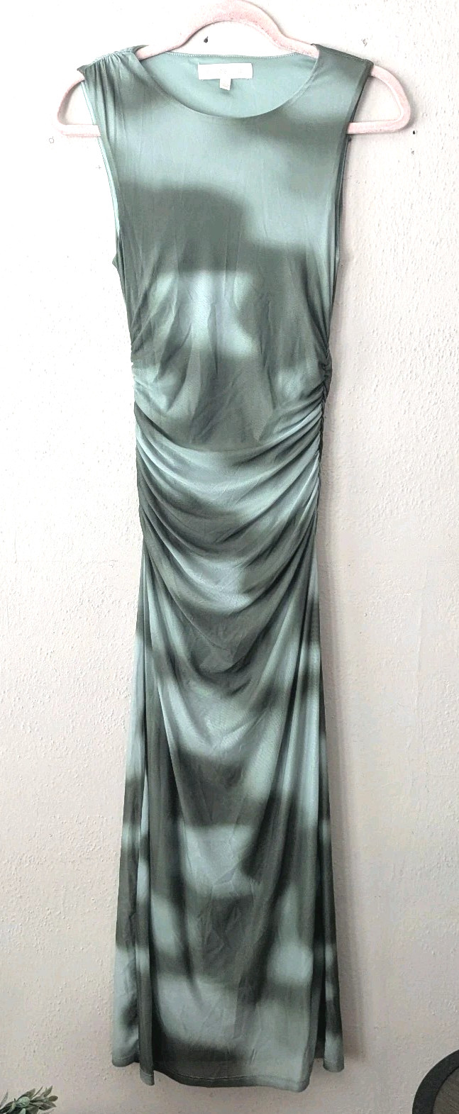 Madden Girl Bodycon Ruched Side Mesh Maxi Dress Green Lined Fitted Sz Small NWT
