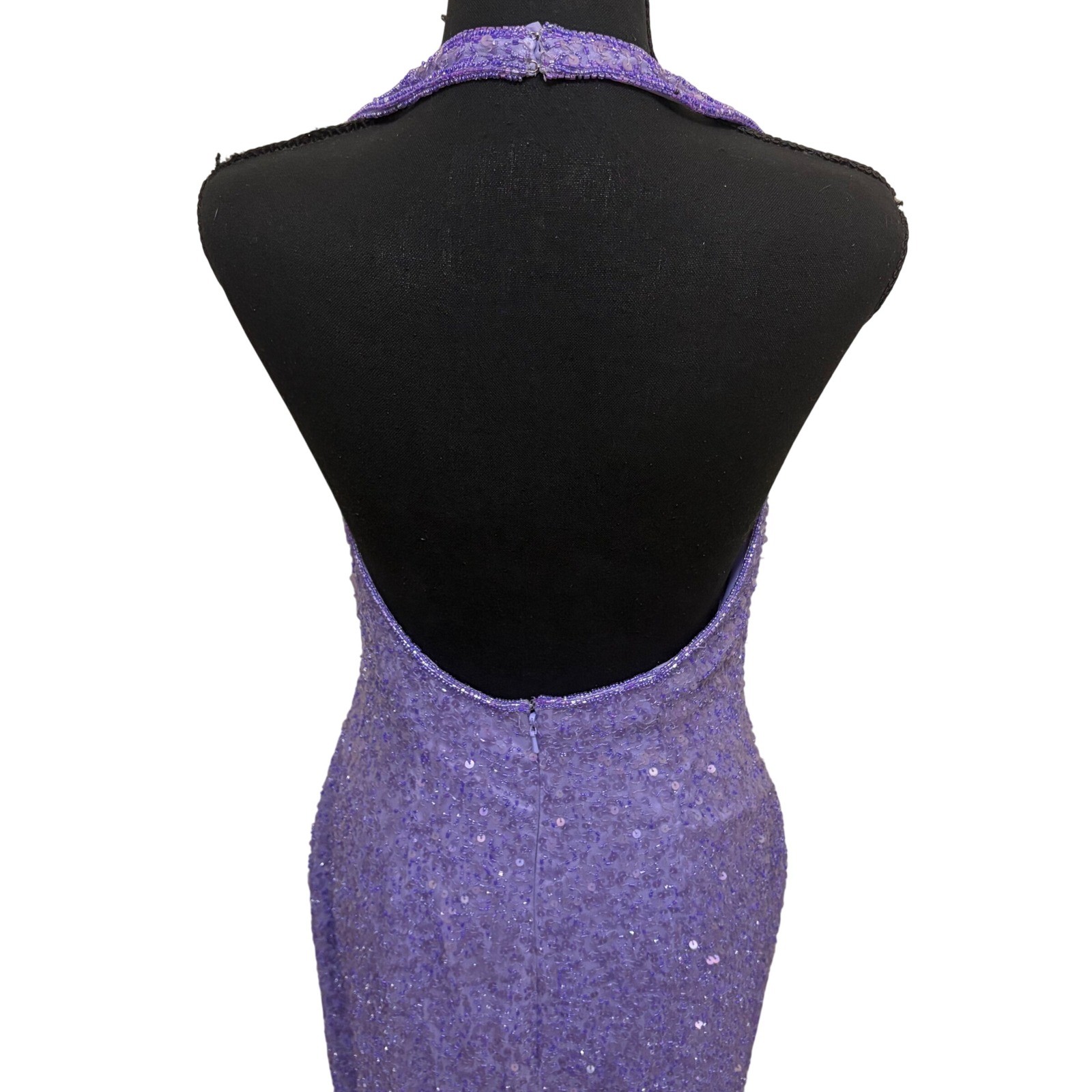 Vintage Scala Silk Beaded Sequin Halter Gown Purple Formal Evening Prom Dress