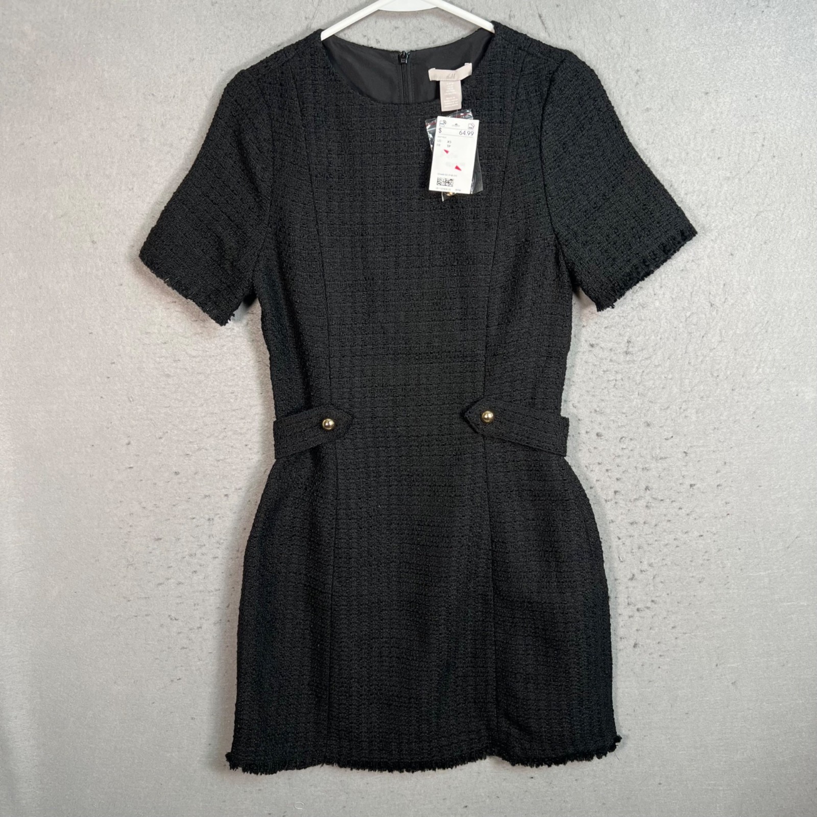 H&M Womens Size XS Black Tweed Dress With Short Sleeves & Zipper Back NEW!