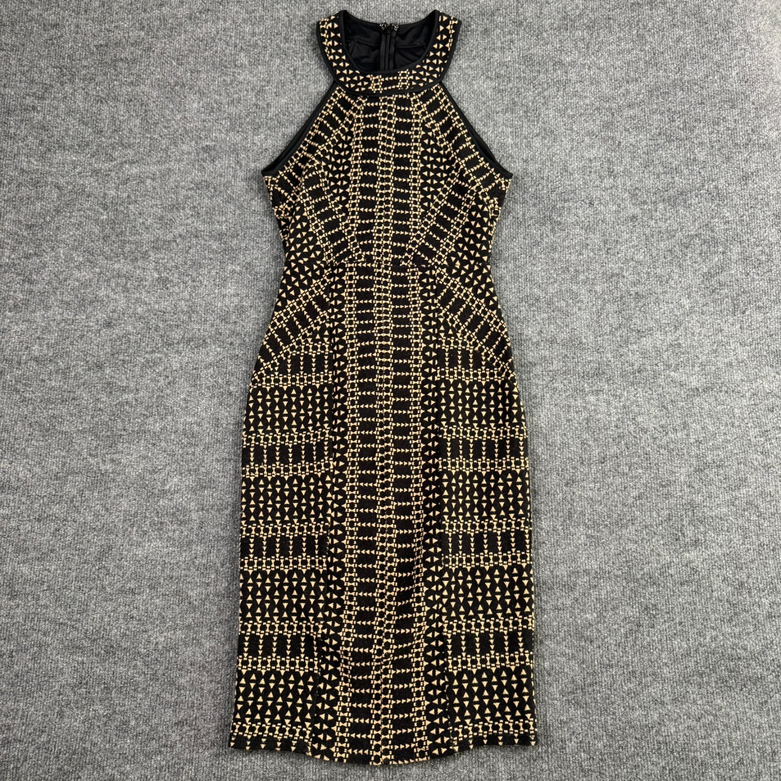 BCBGMAXAZRIA Halter Sheath Dress Black Tan Geometric Triangle Size Small