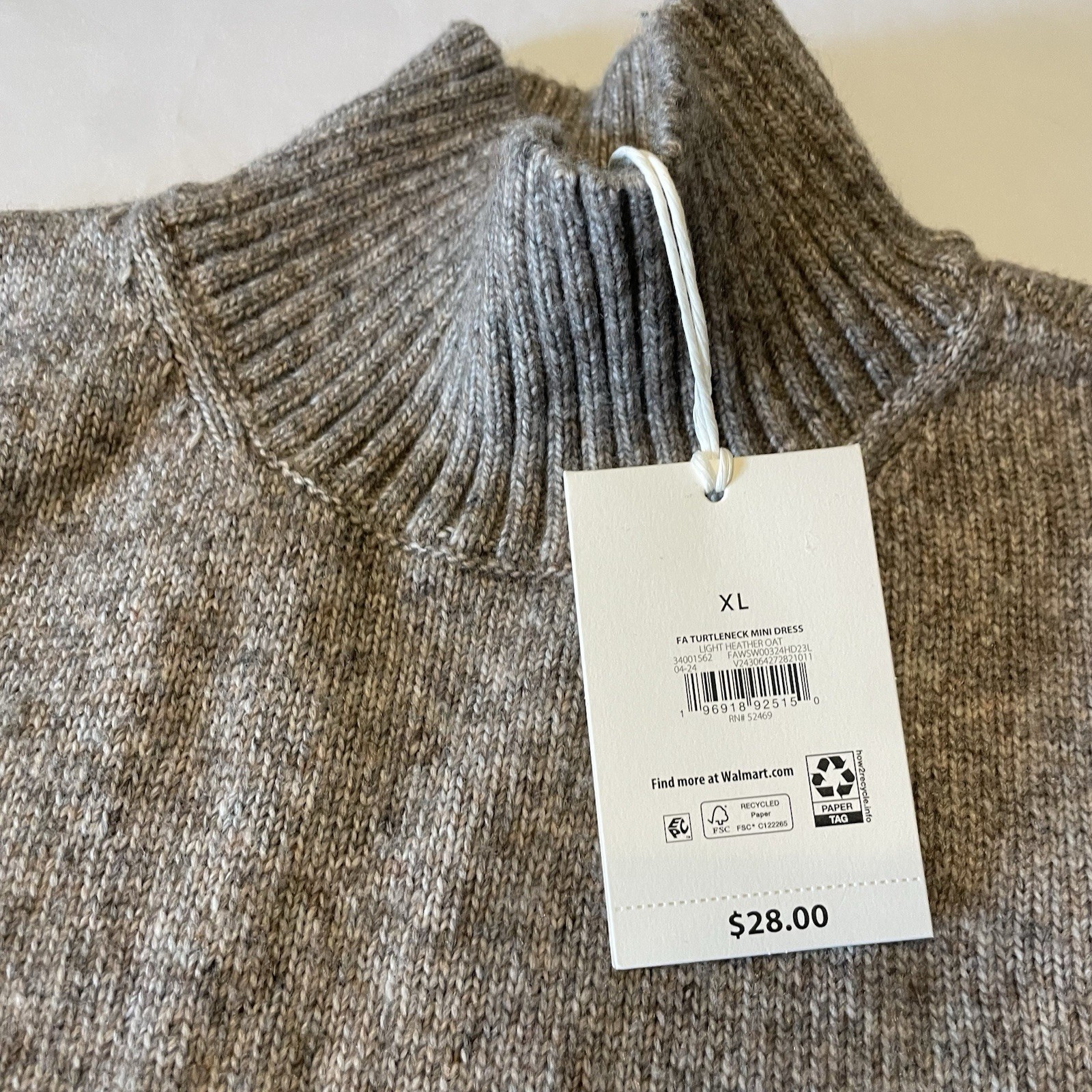 XL Free Assembly Womens Turtleneck Sweater Mini Dress Light Heather Oat New