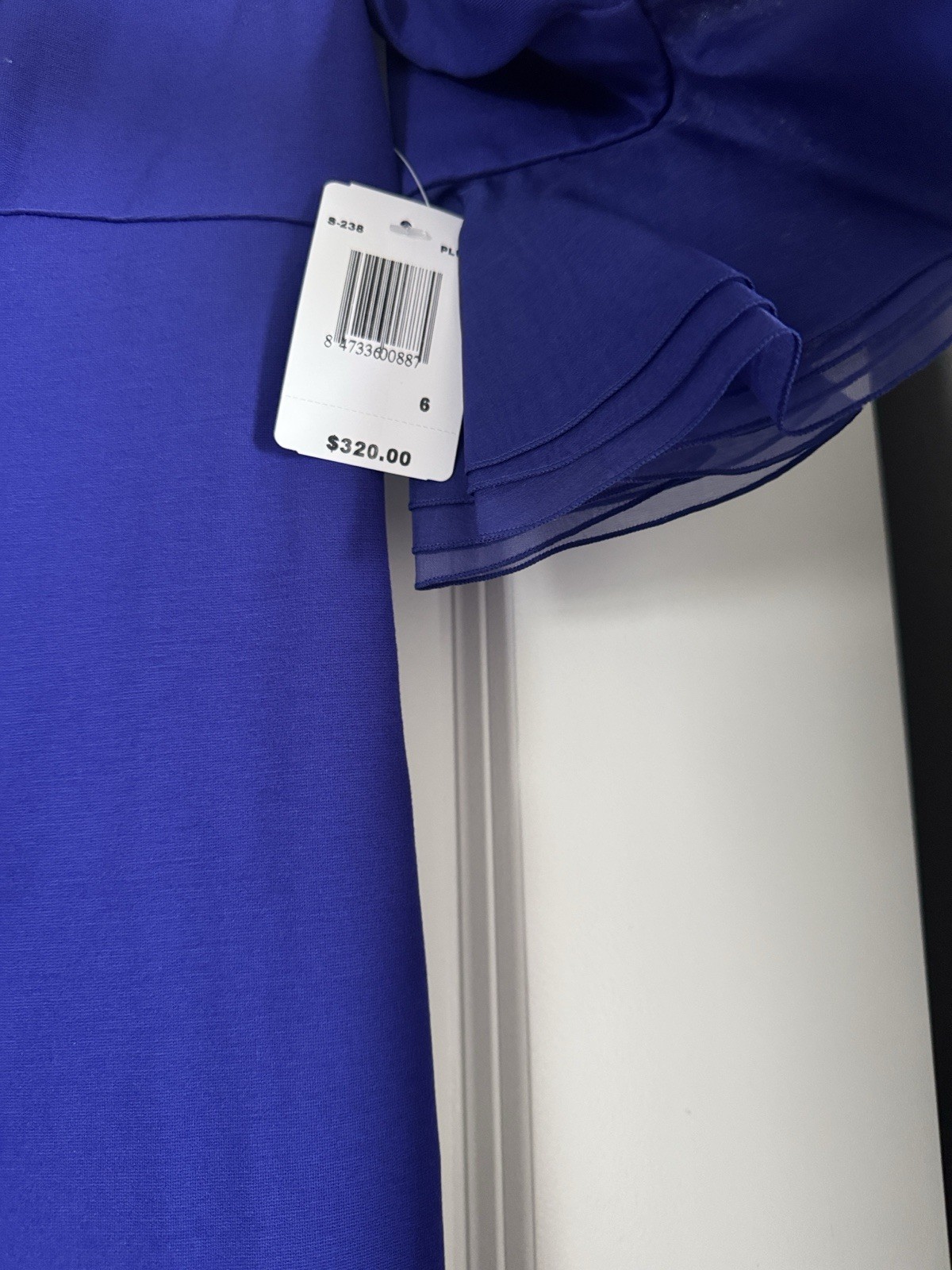 Blue Solid Round Neck Sheath Dress Ruffle Bell 3/4 Sleeve Zip Knee 6
