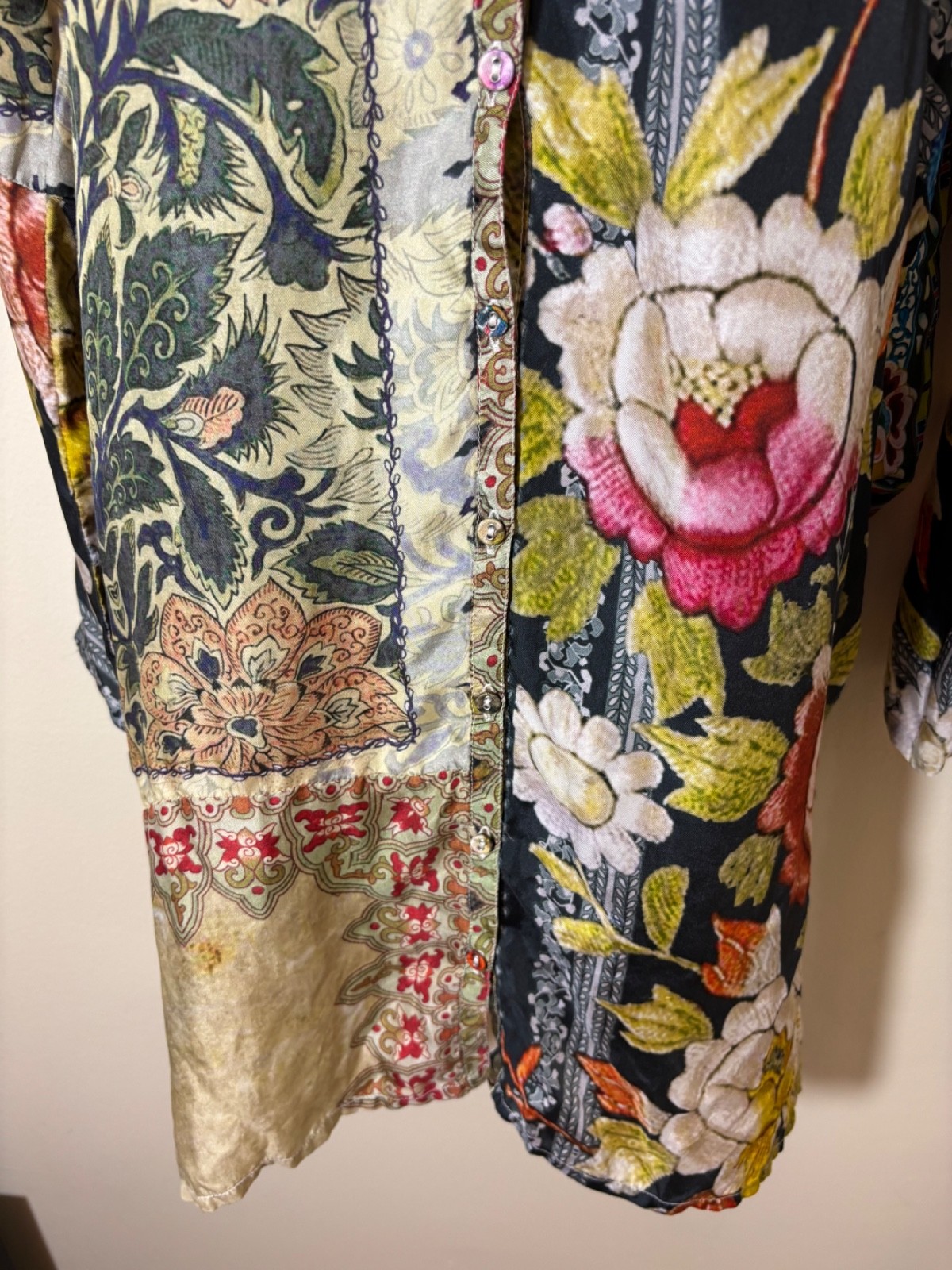 JOHNNY WAS Silk FLORAL PATCHWORK Art to Wear LAGENLOOK Boho TUNIC MINI Dress PS