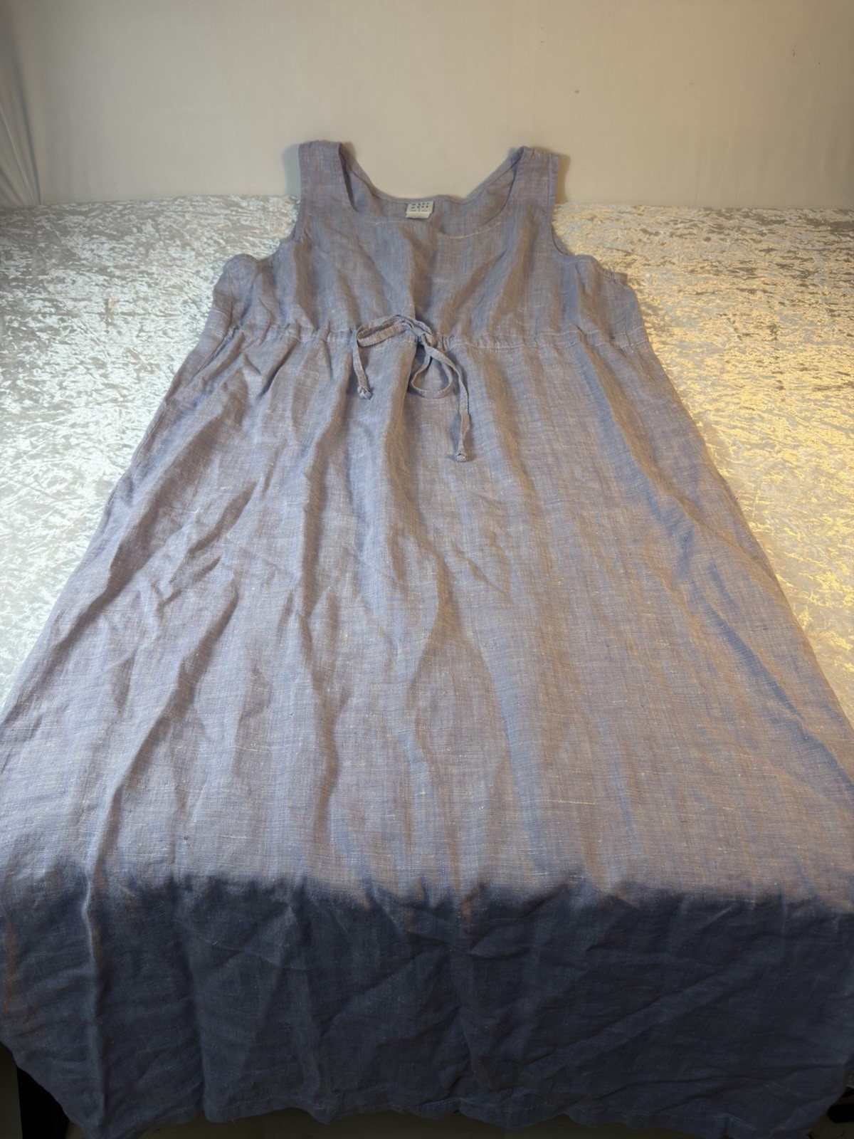 Vintage Marc Ware 100% Linen Maxi Dress Blue Sleeveless Tie Waist USA L