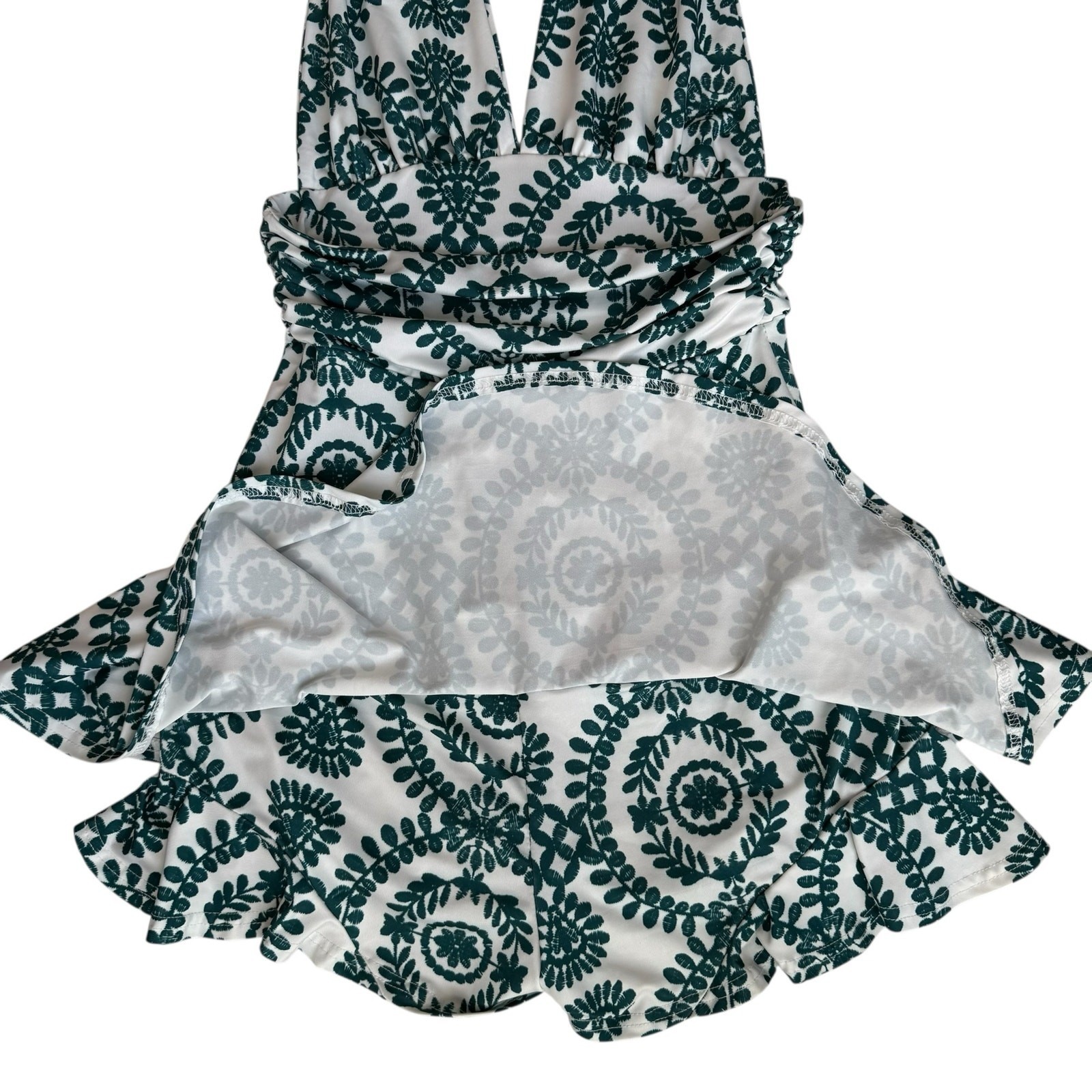 Womens Backless Halter Romper Small White Green Floral Print Ruffle Resort READ