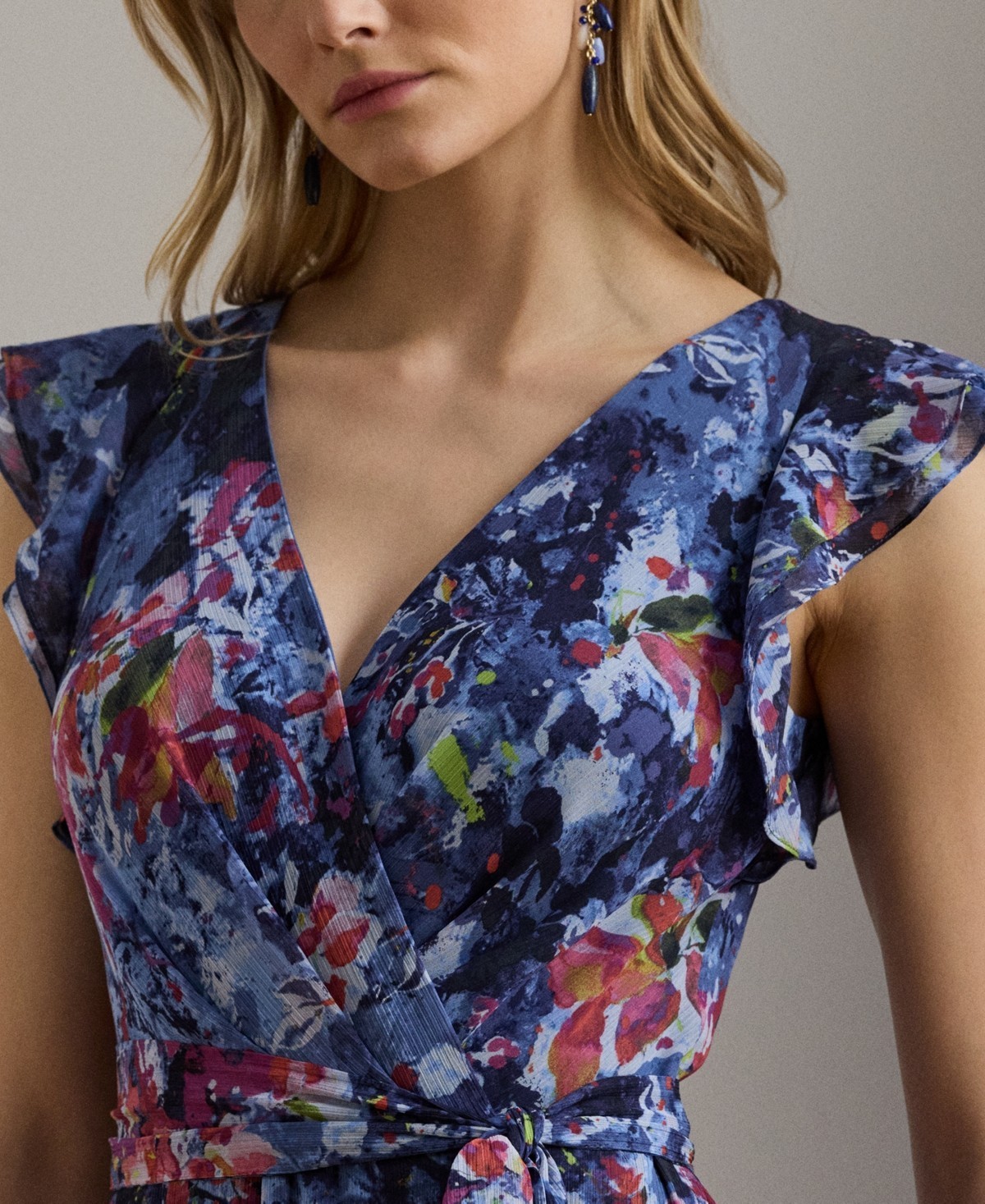 Lauren Ralph Lauren Print Ruffle-Trim Crinkle Georgette Gown Womens 4 Blue Multi