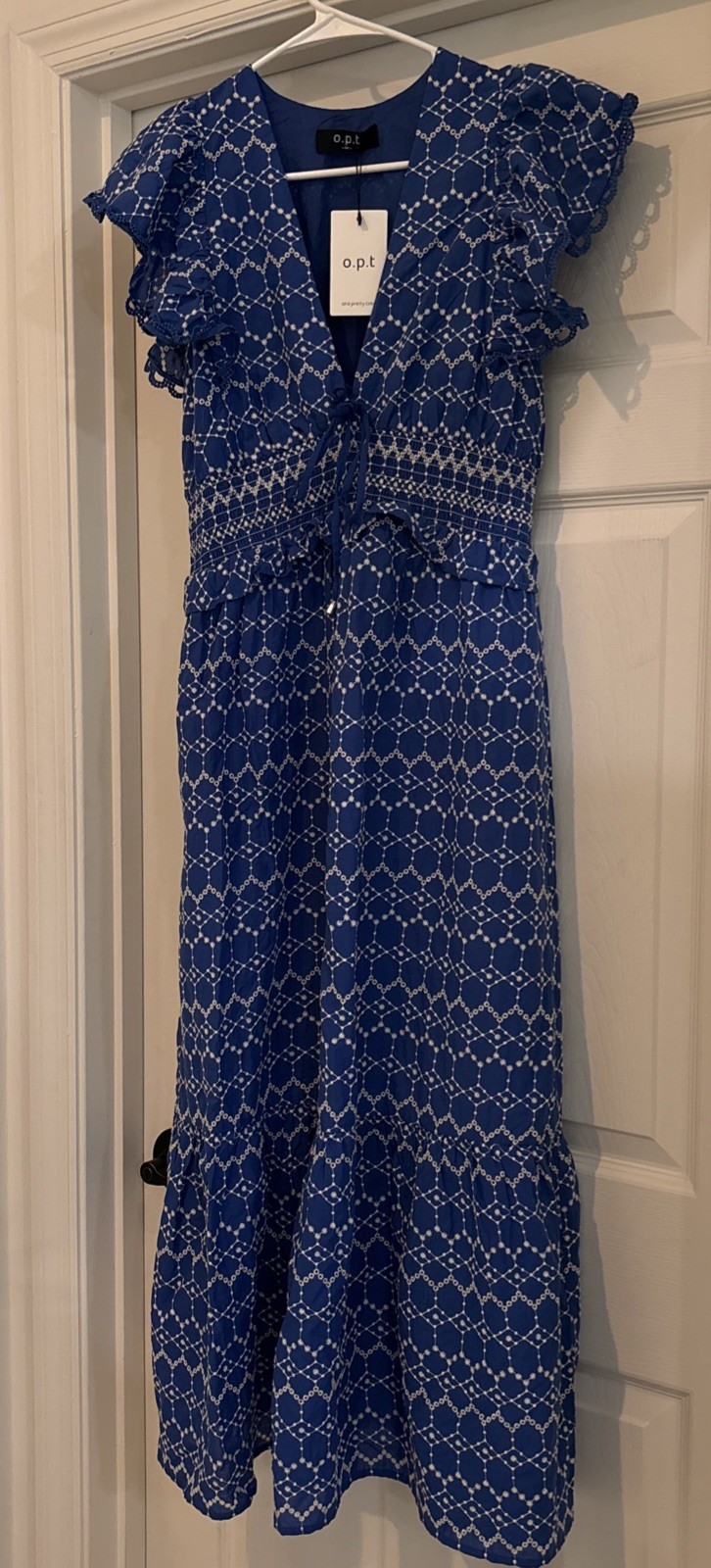 OPT Eyelet Blue V-Neck Cotton Jardin Midi Dress M NWT Gorgeous!