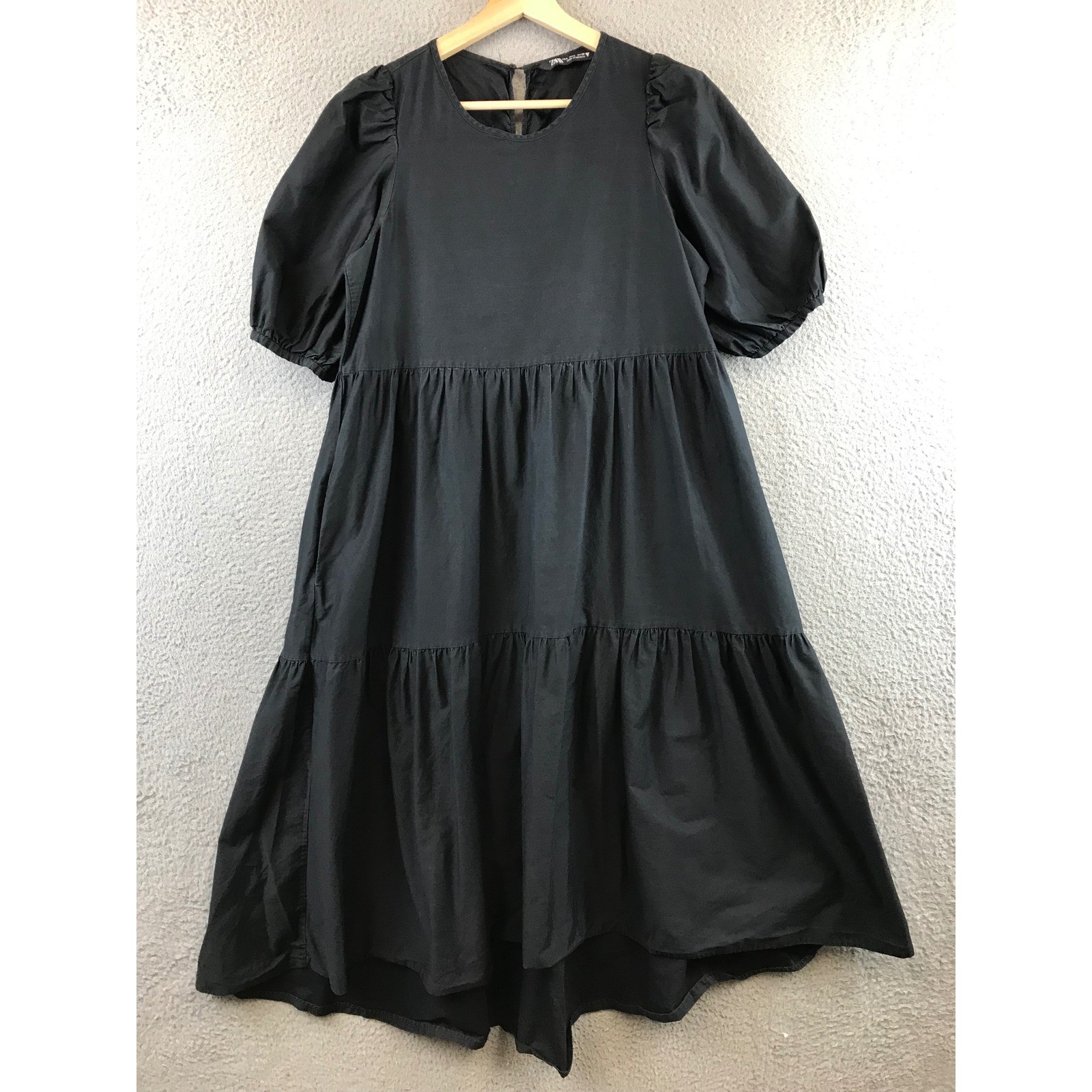 Zara Black Puff Sleeve Tiered Midi Dress Casual Everyday Work Size L