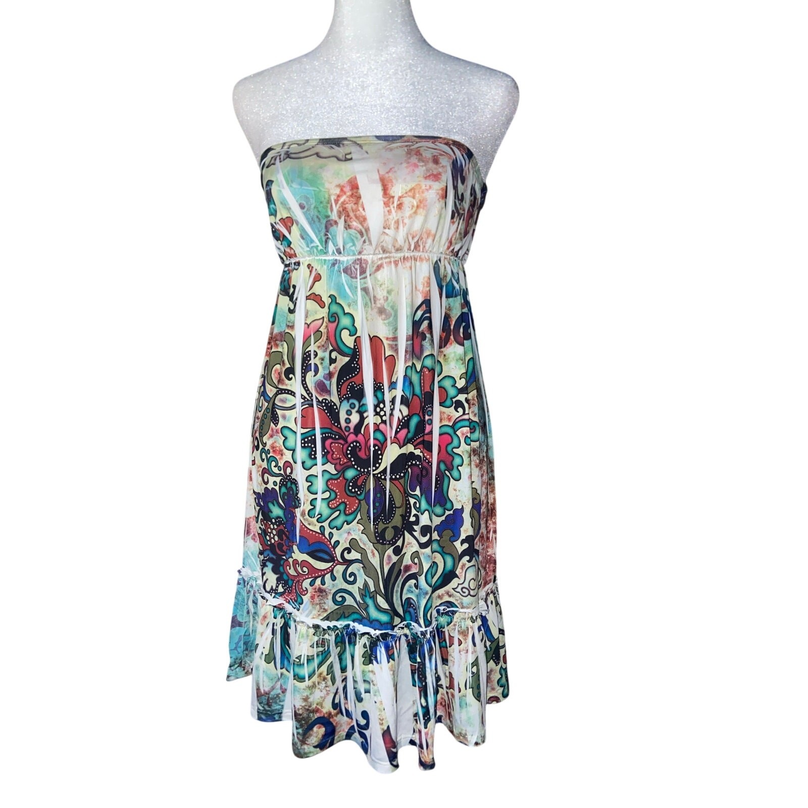 Strapless Abstract Print Dress | Summer Statement Midi | Size M
