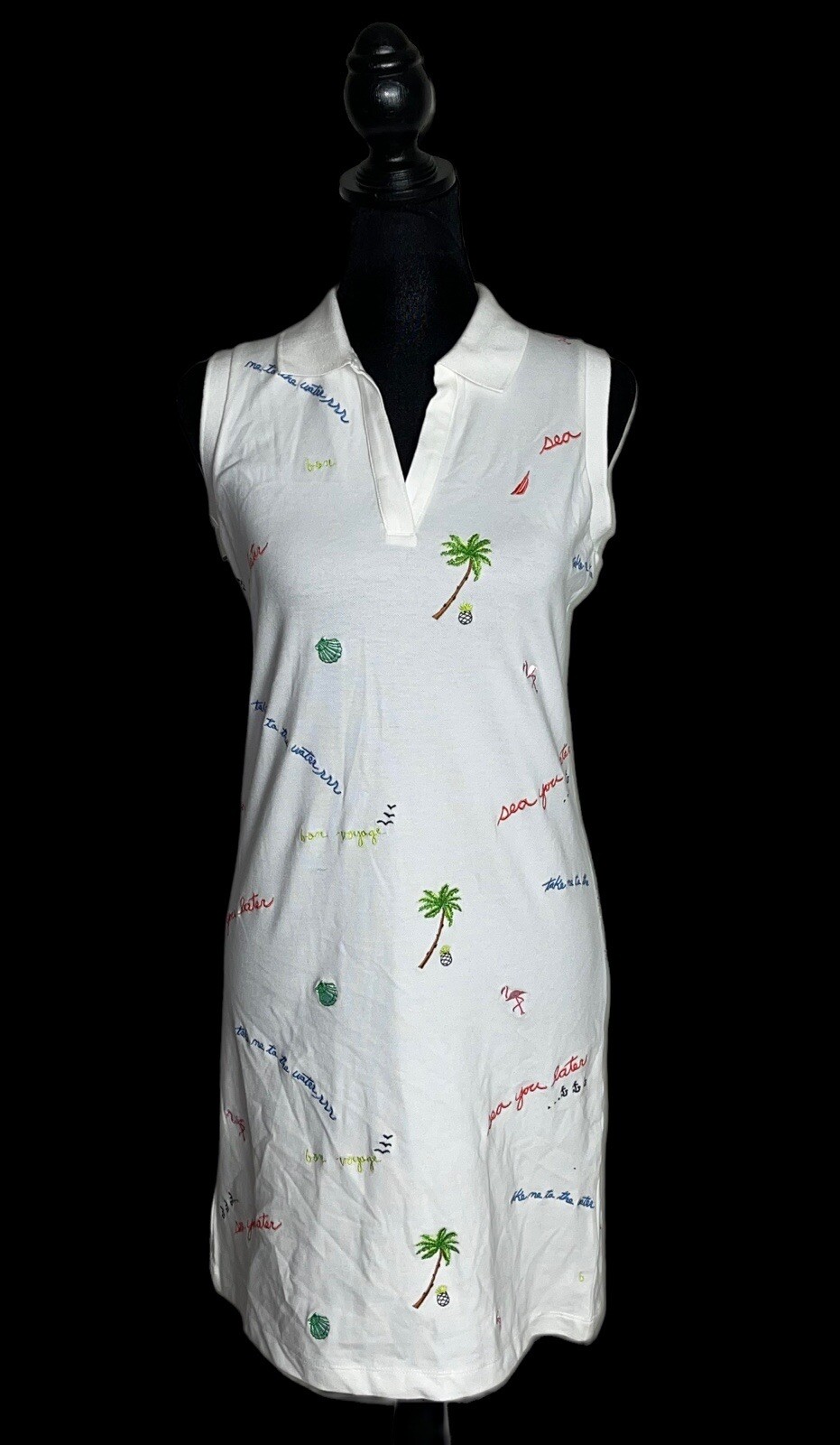 Nautica Womens XS White Cotton Stretch Embroidered Sleeveless Polo Casual Dress
